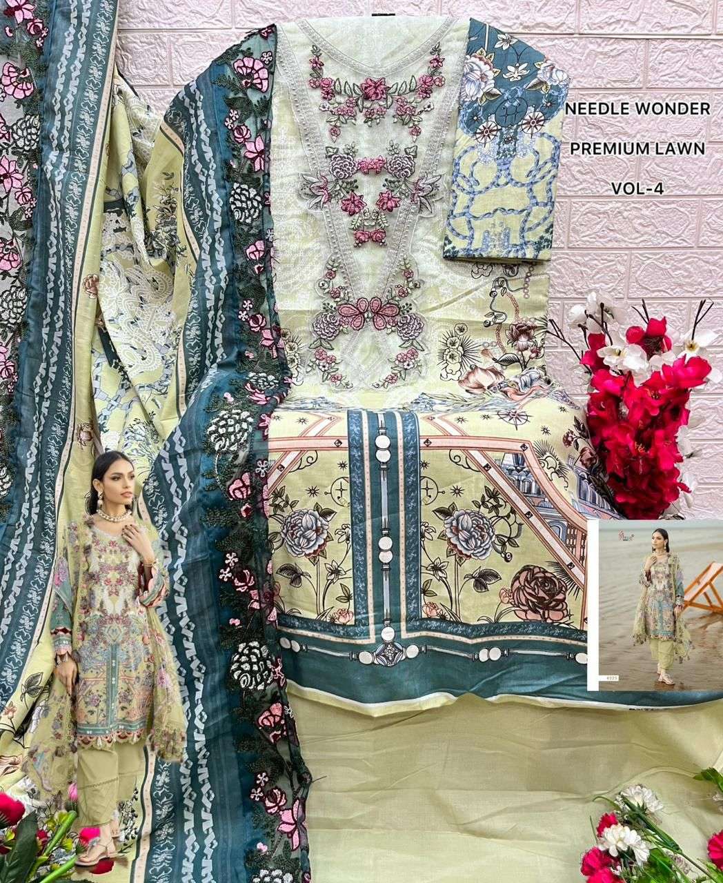 SHREE FABS NEEDLE WONDER LAWN VOL 4 COTTON PRINT WITH HEAVY EMBROIDERY DESIGNER WORK SUIT