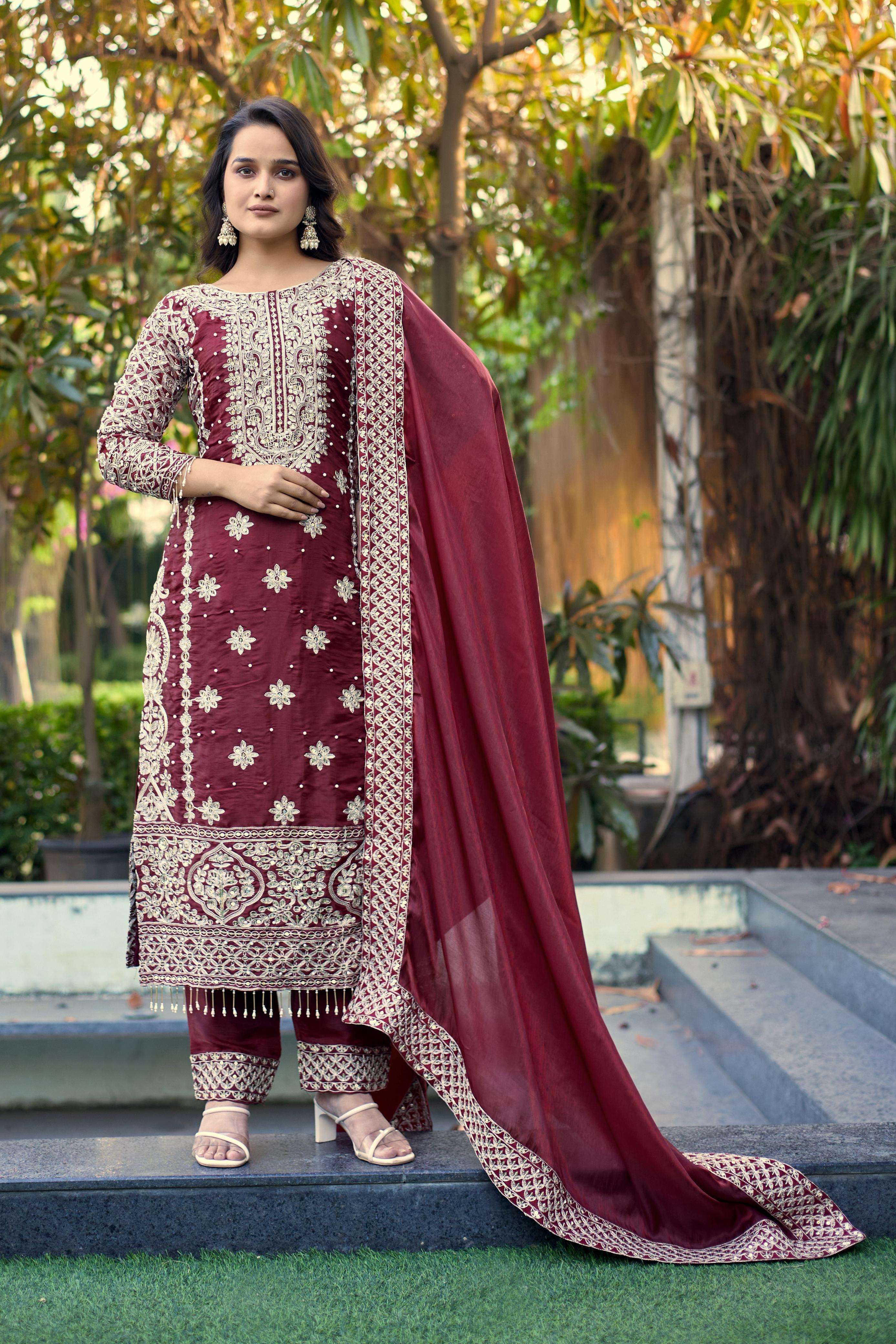 SR 1698 SILK HEAVY SEQUENCE EMBROIDERY DESIGNER FESTIVE WEAR LADIES SUIT