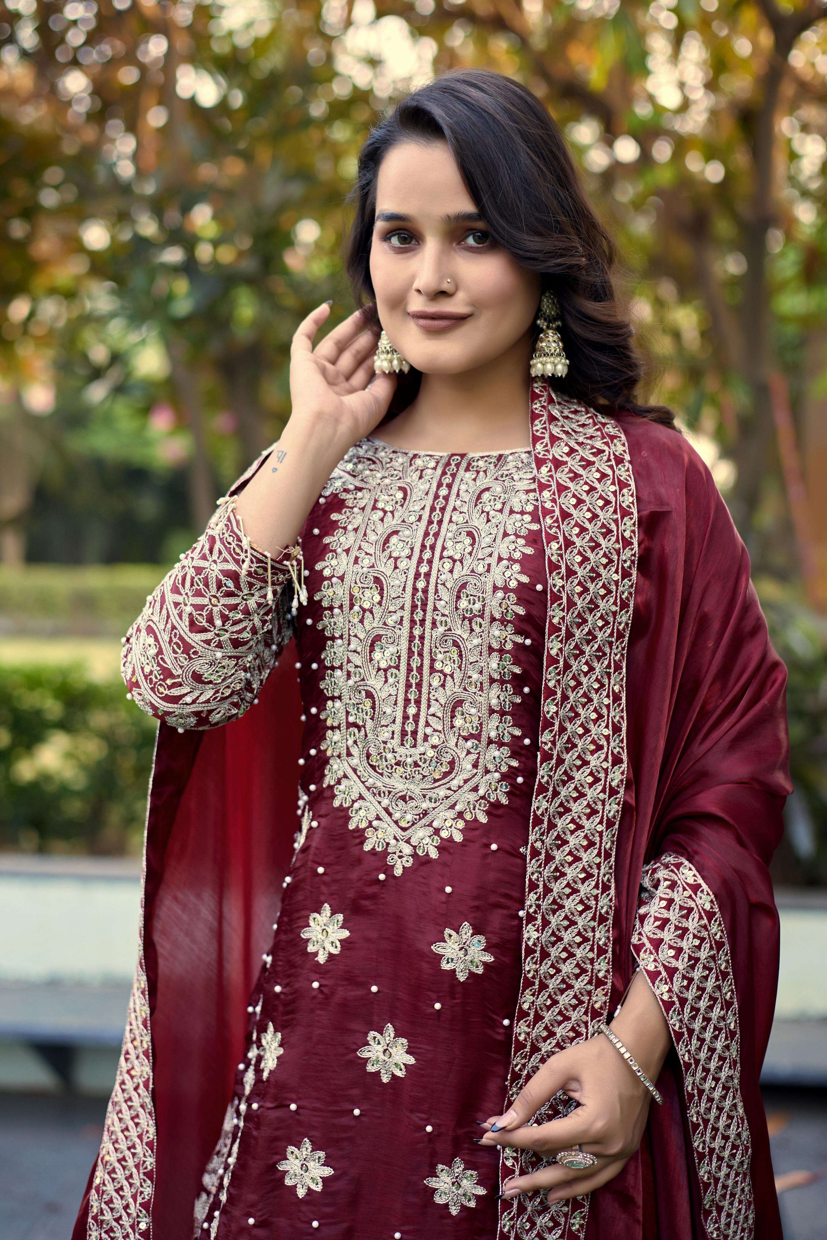 SR 1698 SILK HEAVY SEQUENCE EMBROIDERY DESIGNER FESTIVE WEAR LADIES SUIT