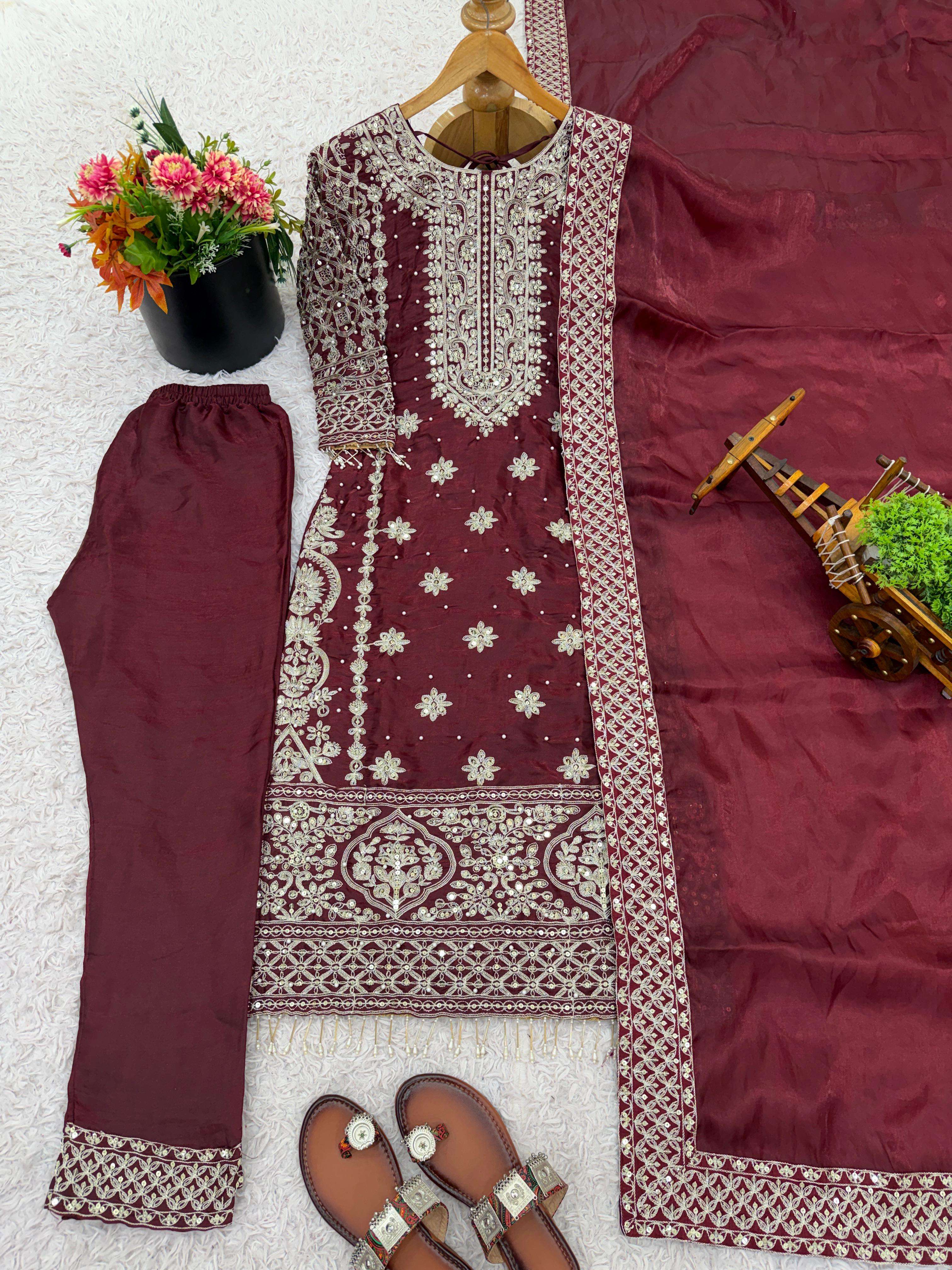 SR 1698 SILK HEAVY SEQUENCE EMBROIDERY DESIGNER FESTIVE WEAR LADIES SUIT