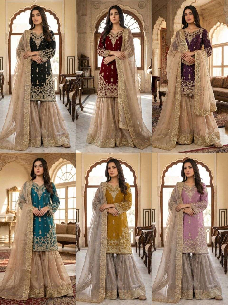 SR 1702 SILK HEAVY BEAUTIFUL EMBROIDERY DESIGNER FESTIVE WEAR LADIES SHARARA SUIT