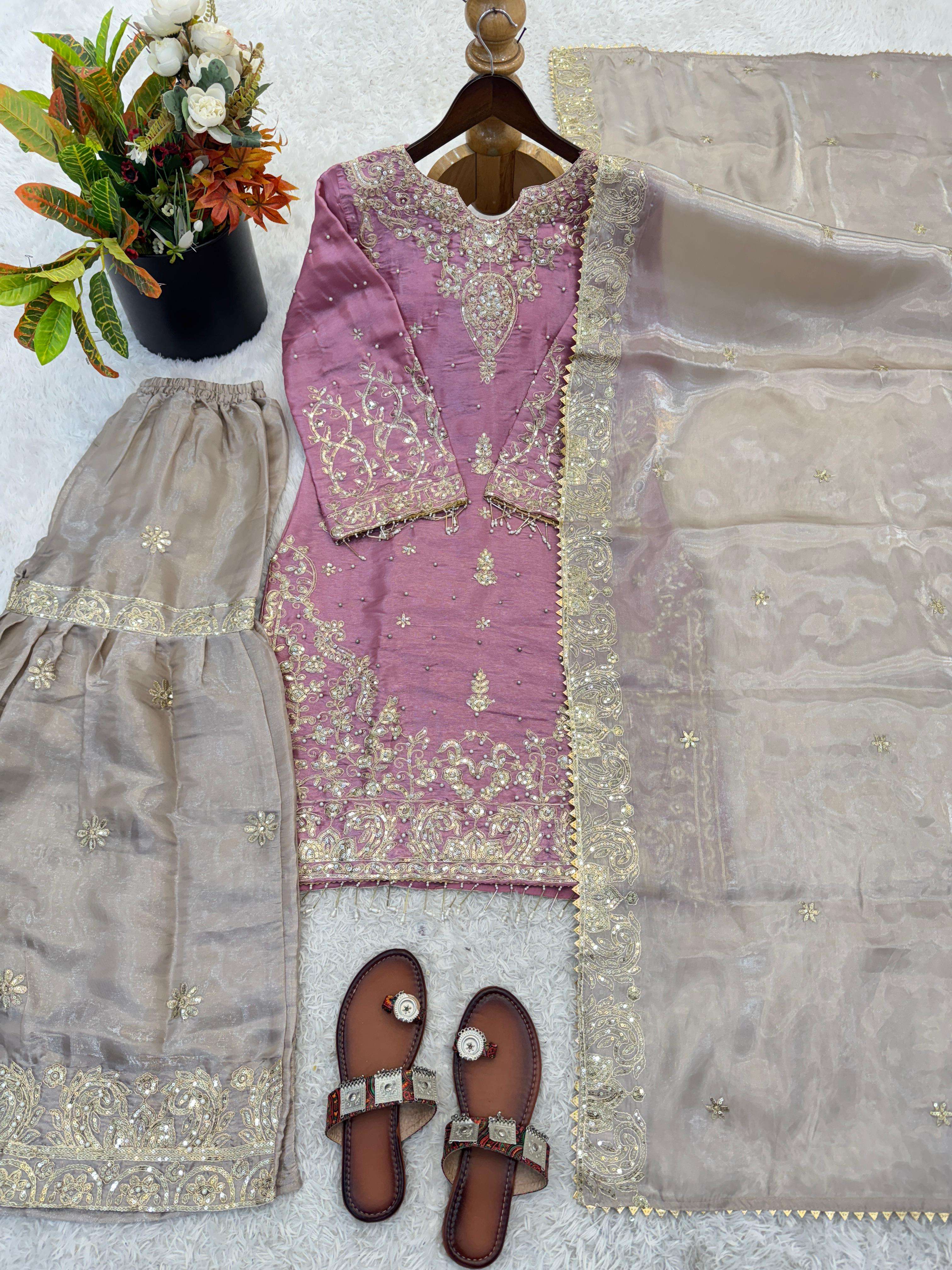 SR 1702 SILK HEAVY BEAUTIFUL EMBROIDERY DESIGNER FESTIVE WEAR LADIES SHARARA SUIT