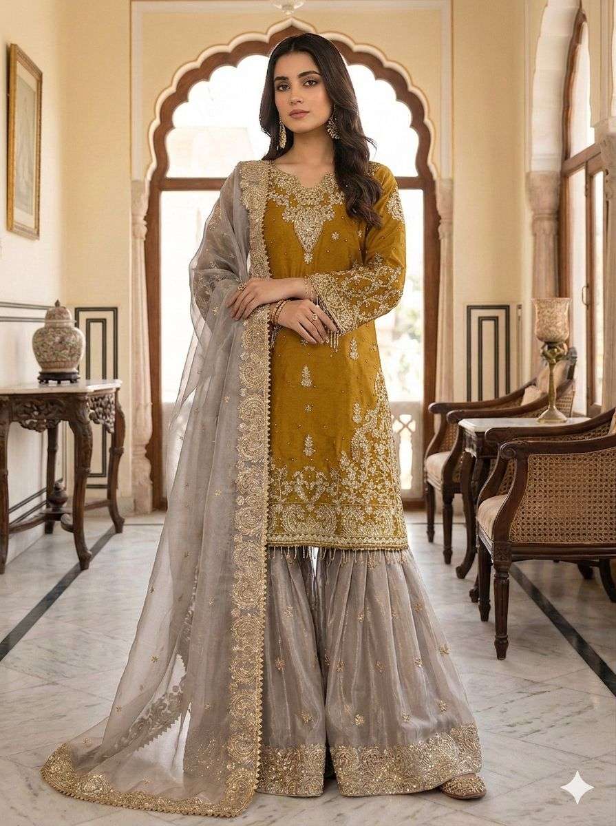 SR 1702 SILK HEAVY BEAUTIFUL EMBROIDERY DESIGNER FESTIVE WEAR LADIES SHARARA SUIT