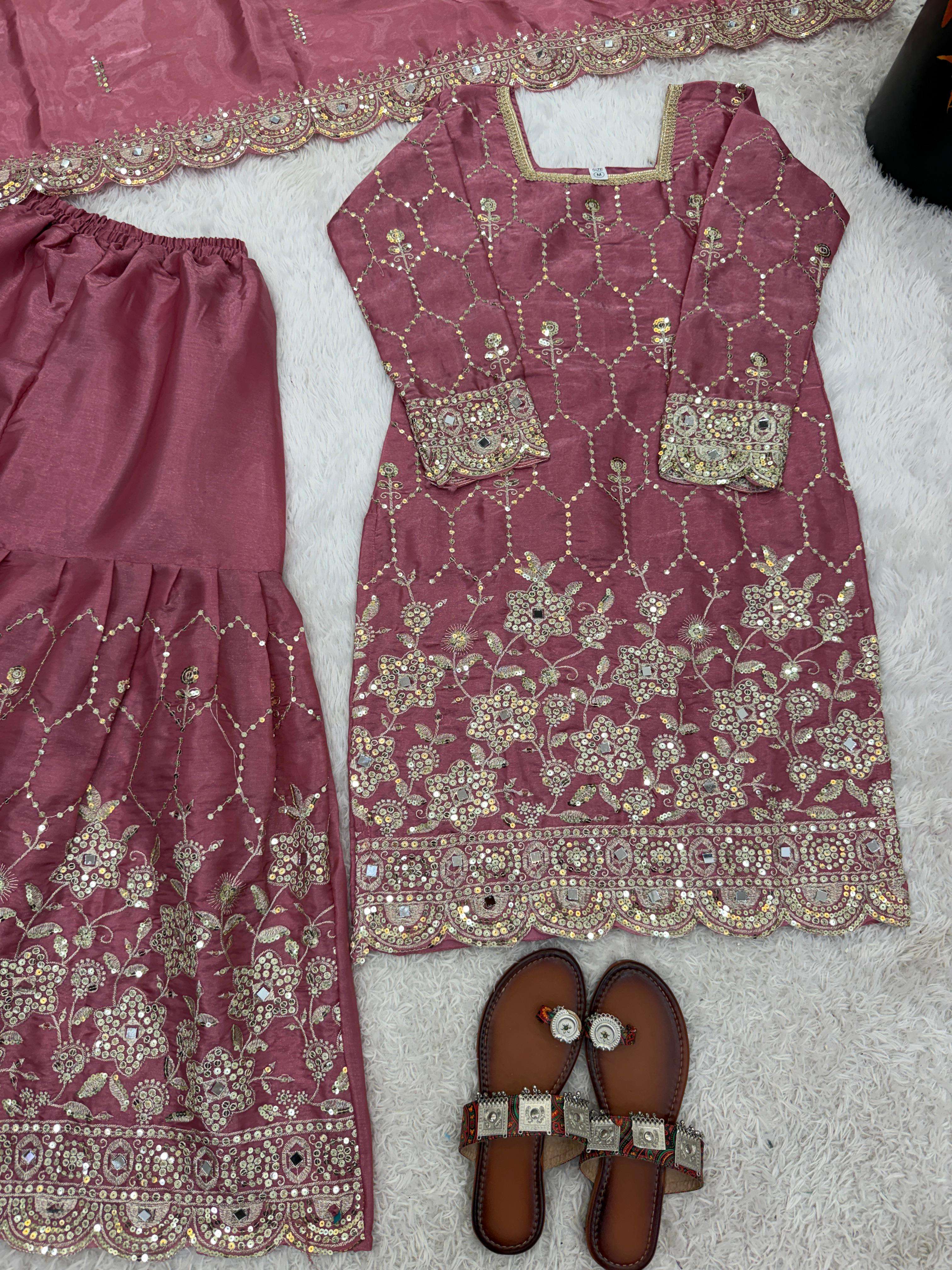 SR 1712 SILK SEQUENCE EMBROIDERY DESIGNER WORK PARTY WEAR LADIES SHARARA SUIT