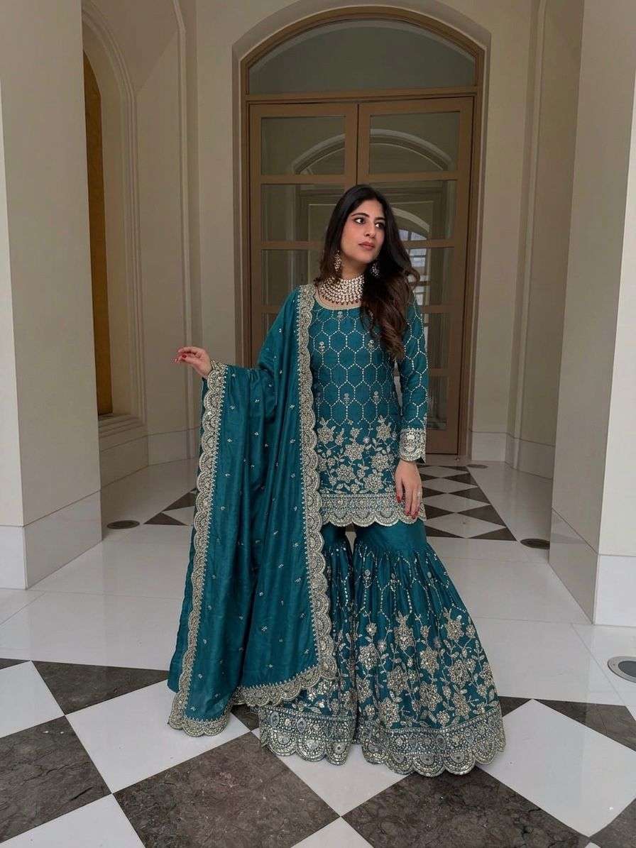 SR 1712 SILK SEQUENCE EMBROIDERY DESIGNER WORK PARTY WEAR LADIES SHARARA SUIT