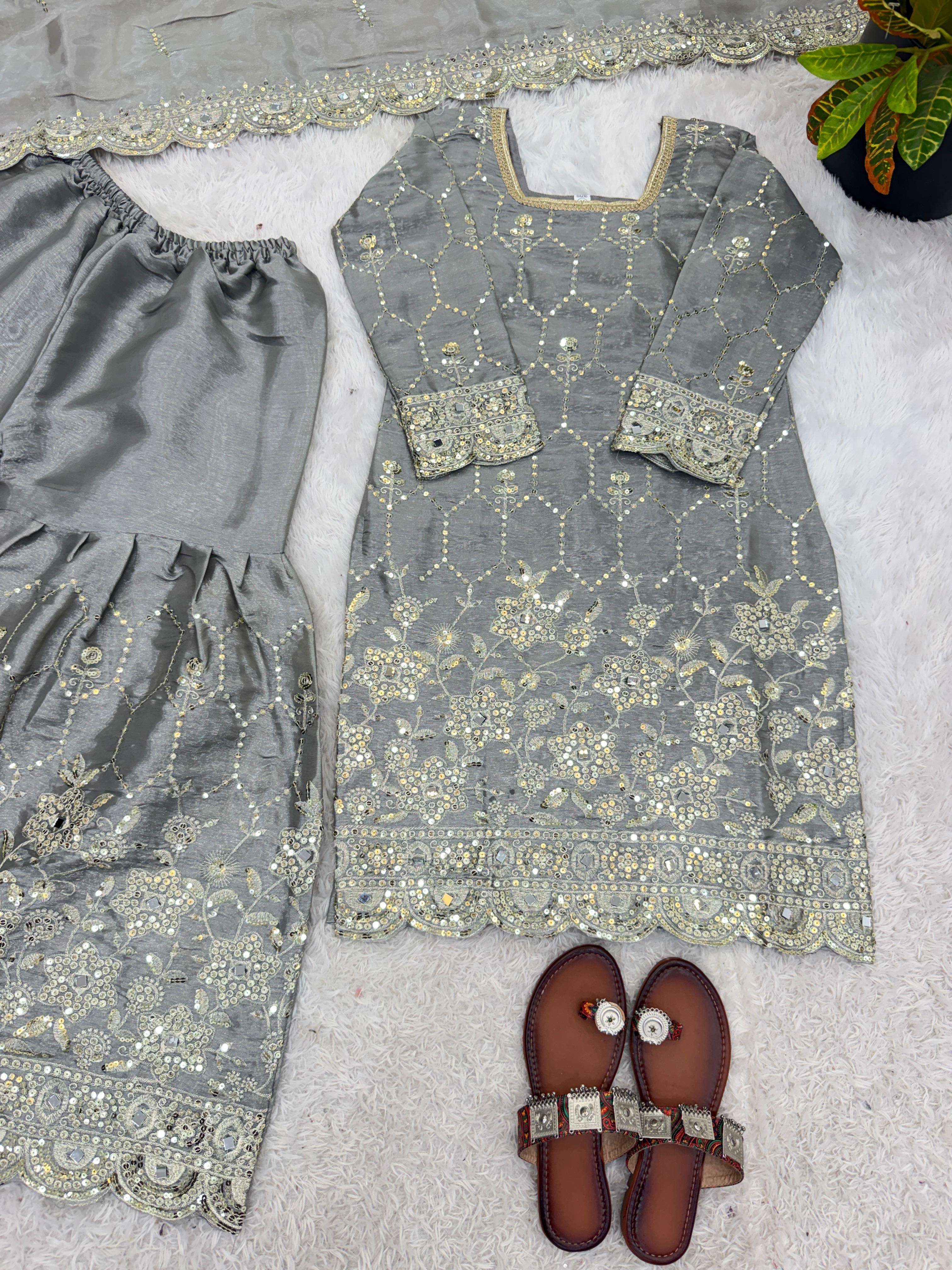 SR 1712 SILK SEQUENCE EMBROIDERY DESIGNER WORK PARTY WEAR LADIES SHARARA SUIT