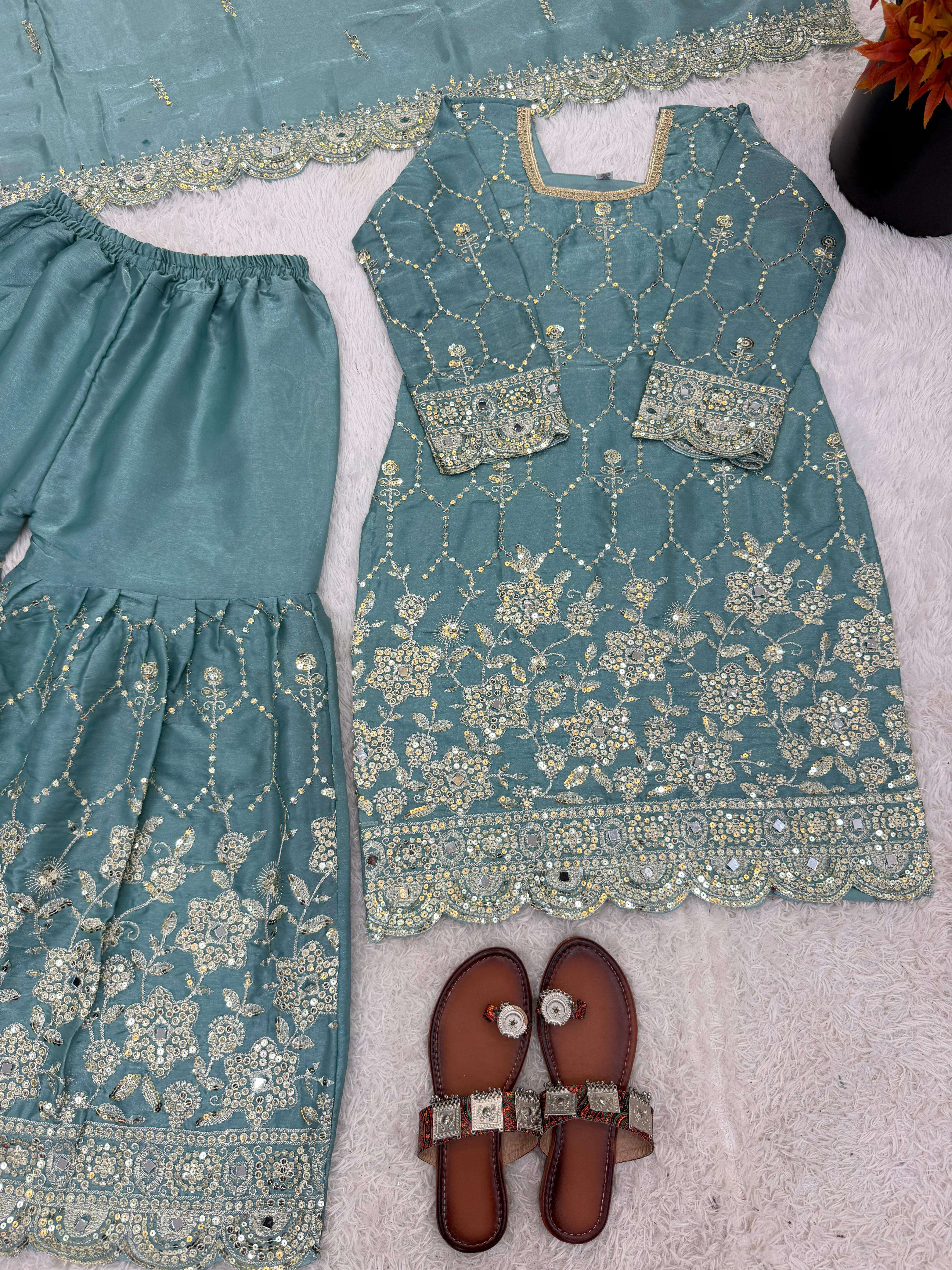 SR 1712 SILK SEQUENCE EMBROIDERY DESIGNER WORK PARTY WEAR LADIES SHARARA SUIT