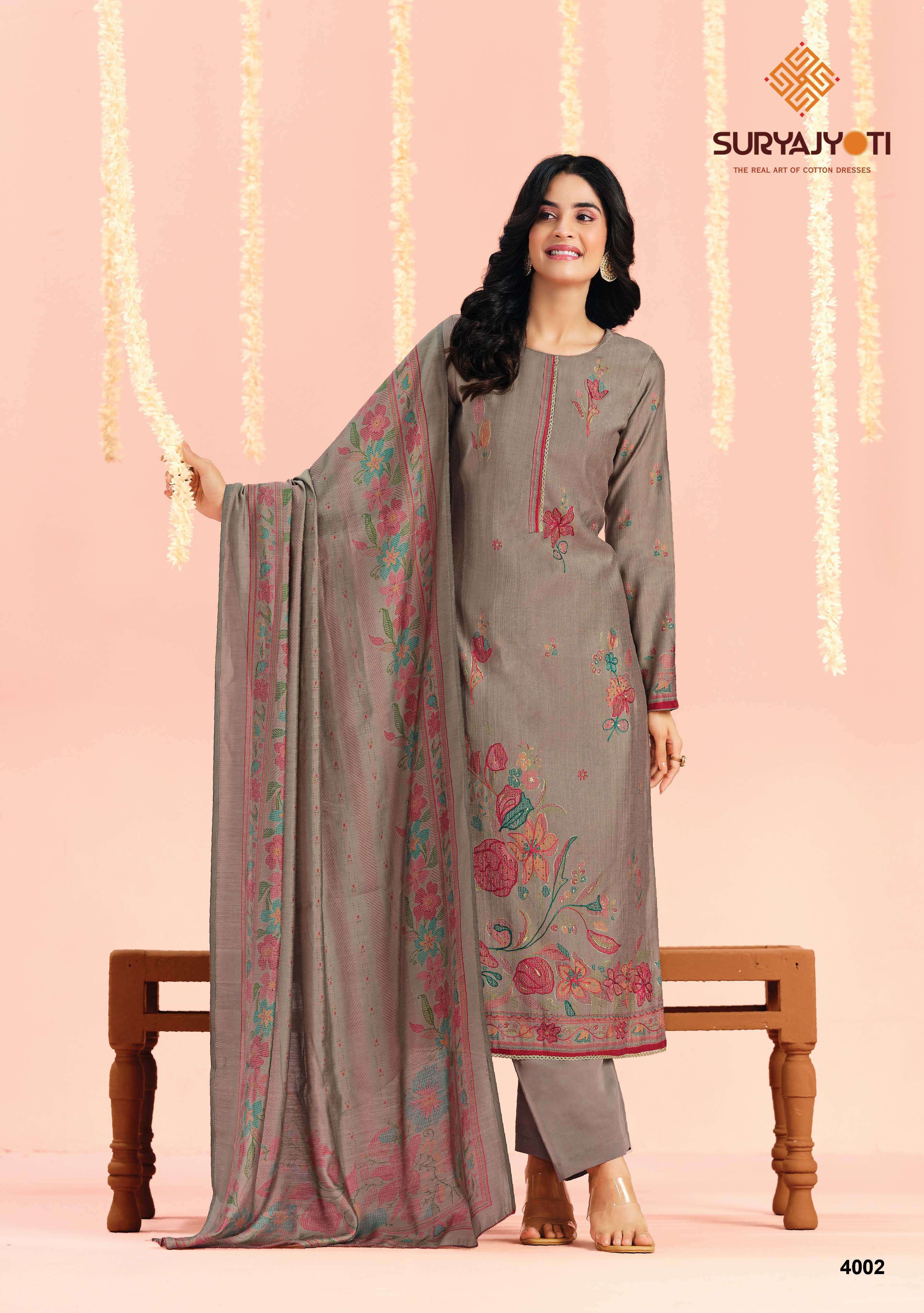 SURYAJYOTI CHIKIRI VOL 4 SILK PRINT WITH FANCY WORK SUIT