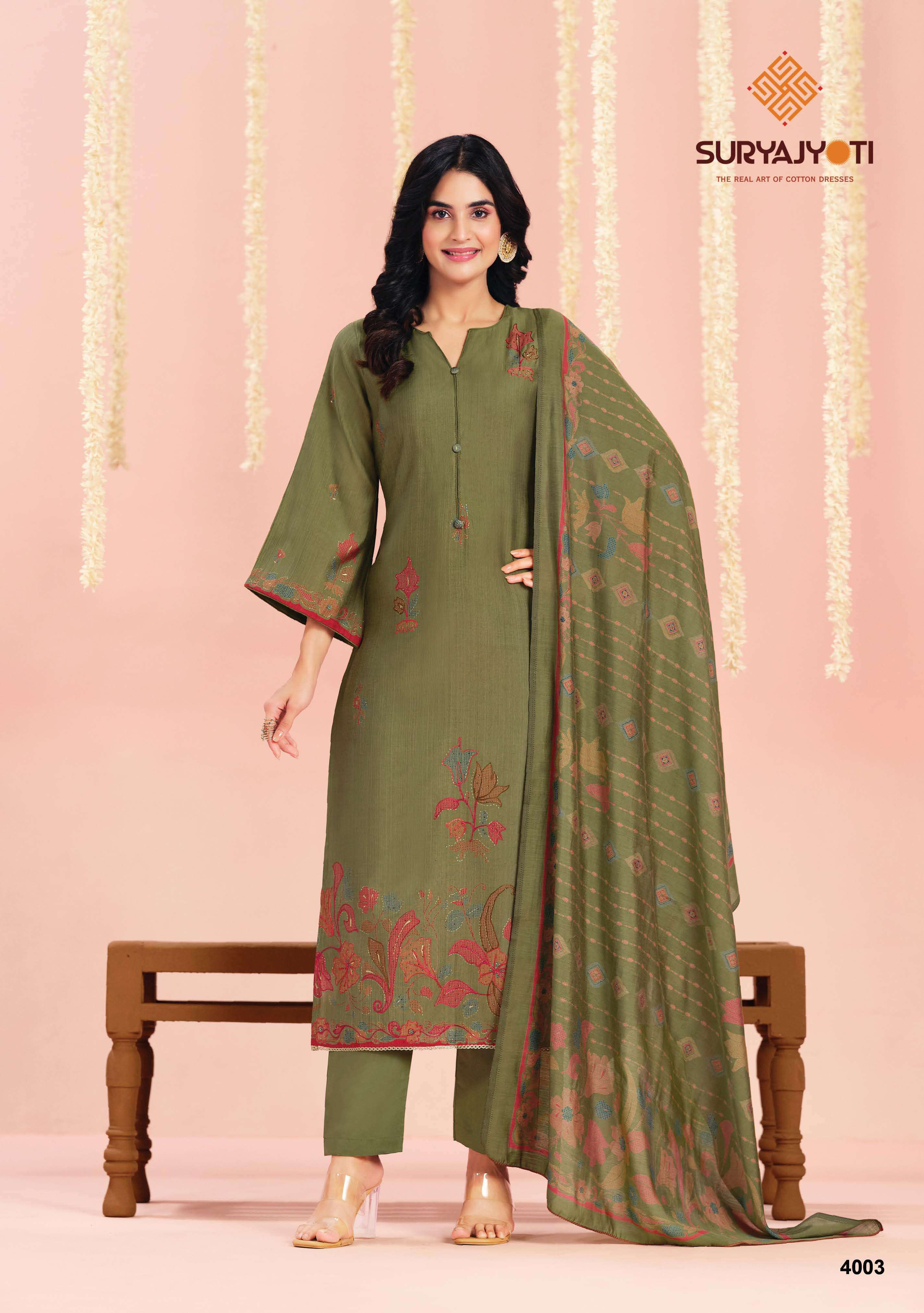SURYAJYOTI CHIKIRI VOL 4 SILK PRINT WITH FANCY WORK SUIT