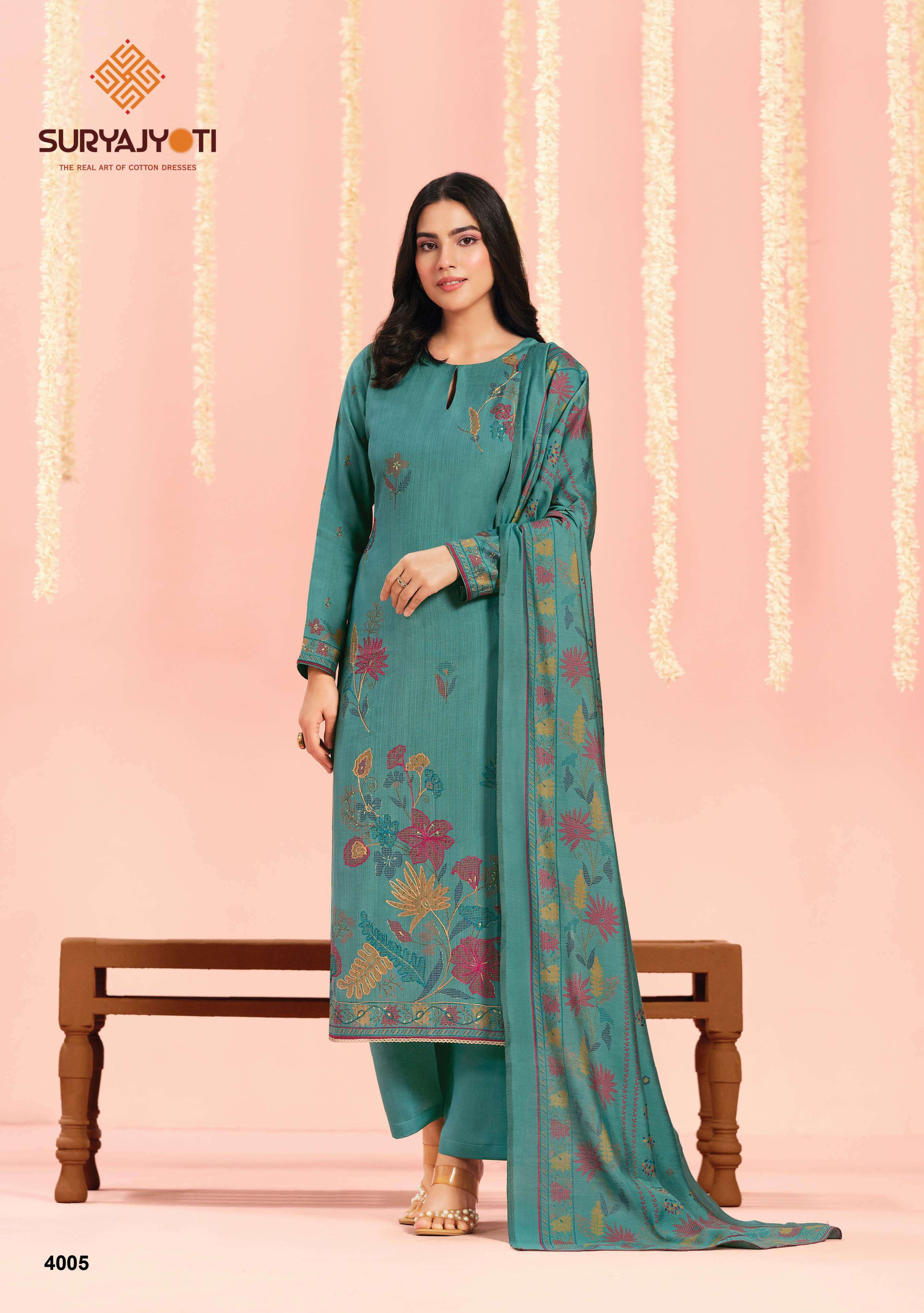 SURYAJYOTI CHIKIRI VOL 4 SILK PRINT WITH FANCY WORK SUIT