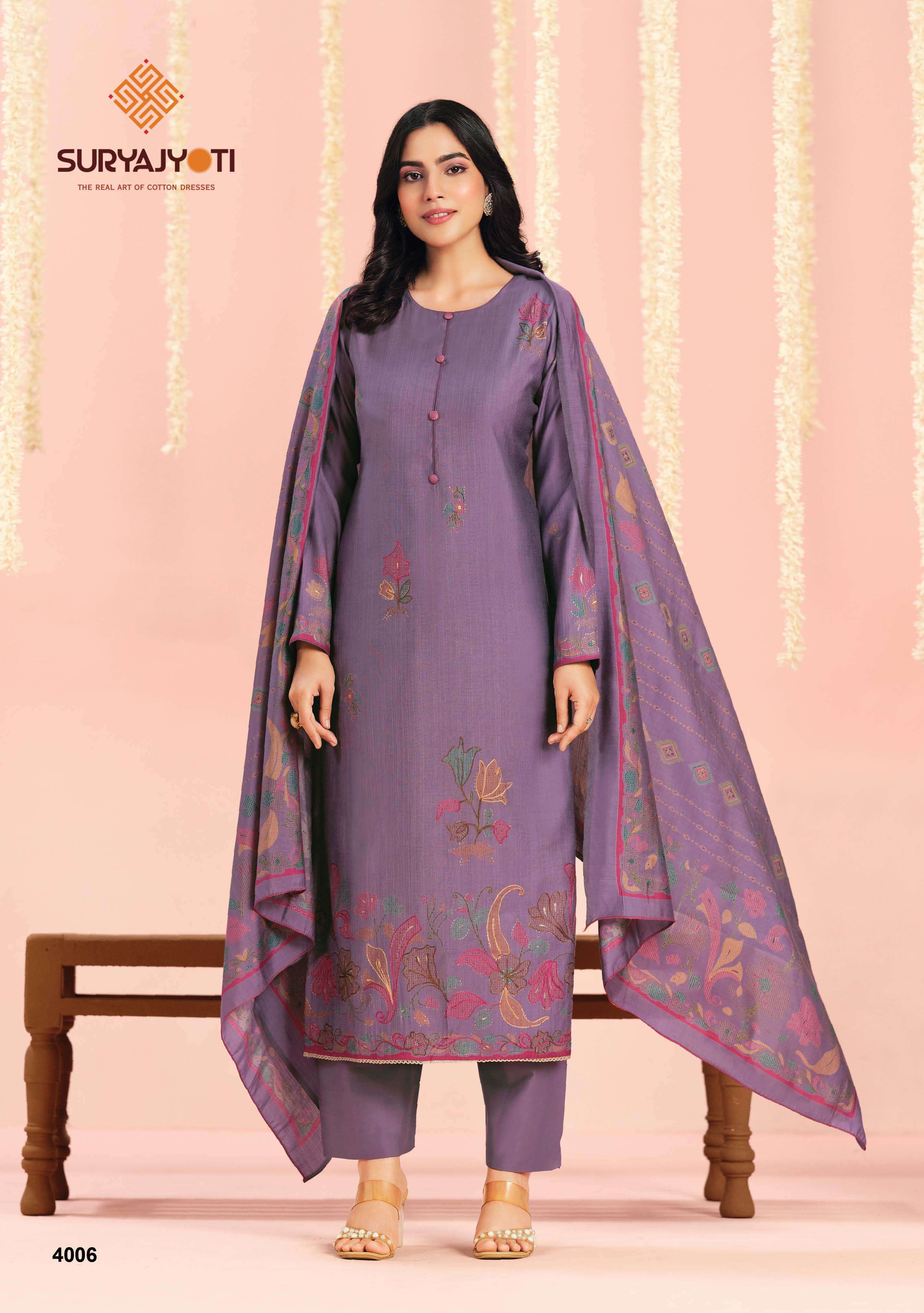 SURYAJYOTI CHIKIRI VOL 4 SILK PRINT WITH FANCY WORK SUIT