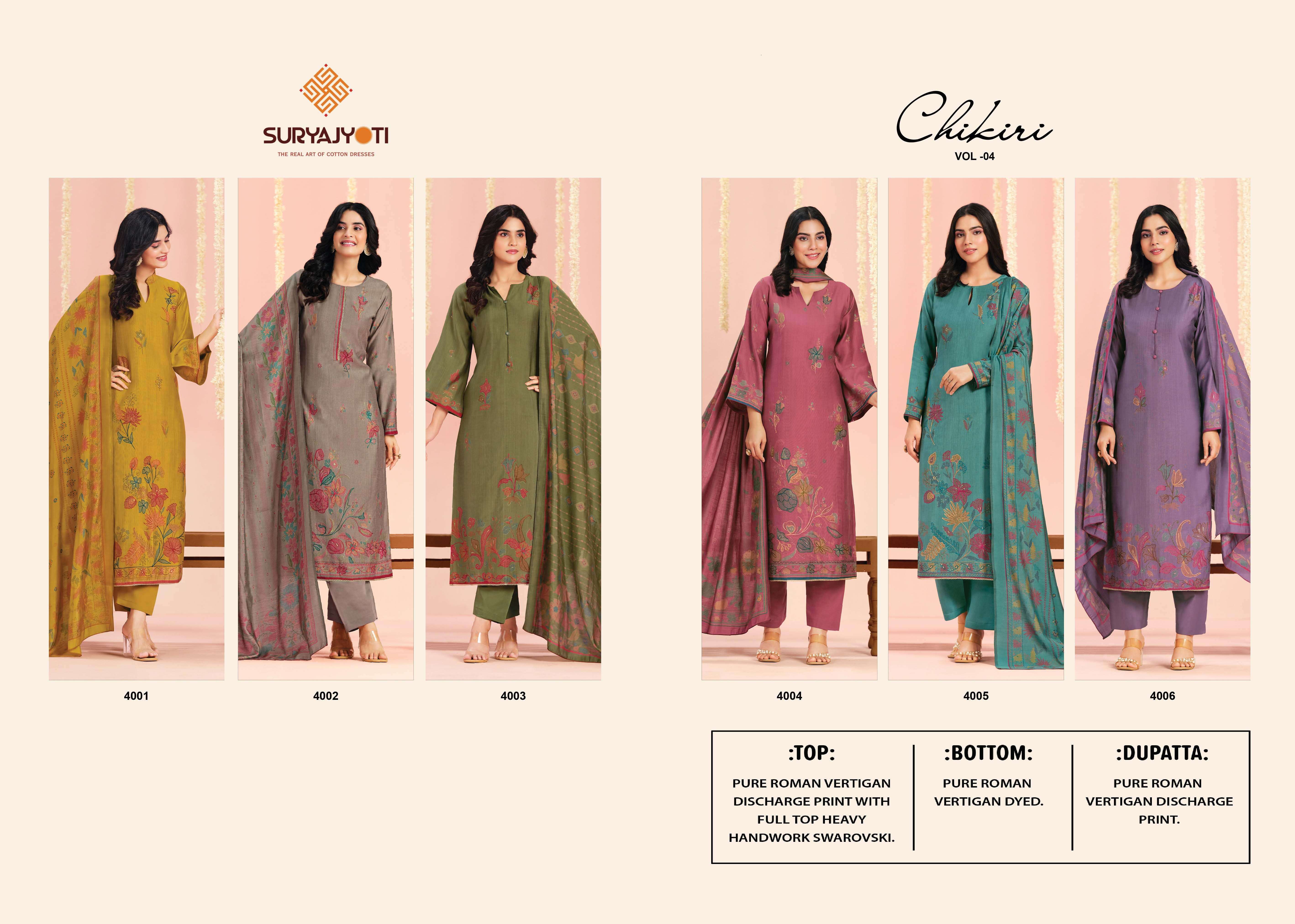SURYAJYOTI CHIKIRI VOL 4 SILK PRINT WITH FANCY WORK SUIT