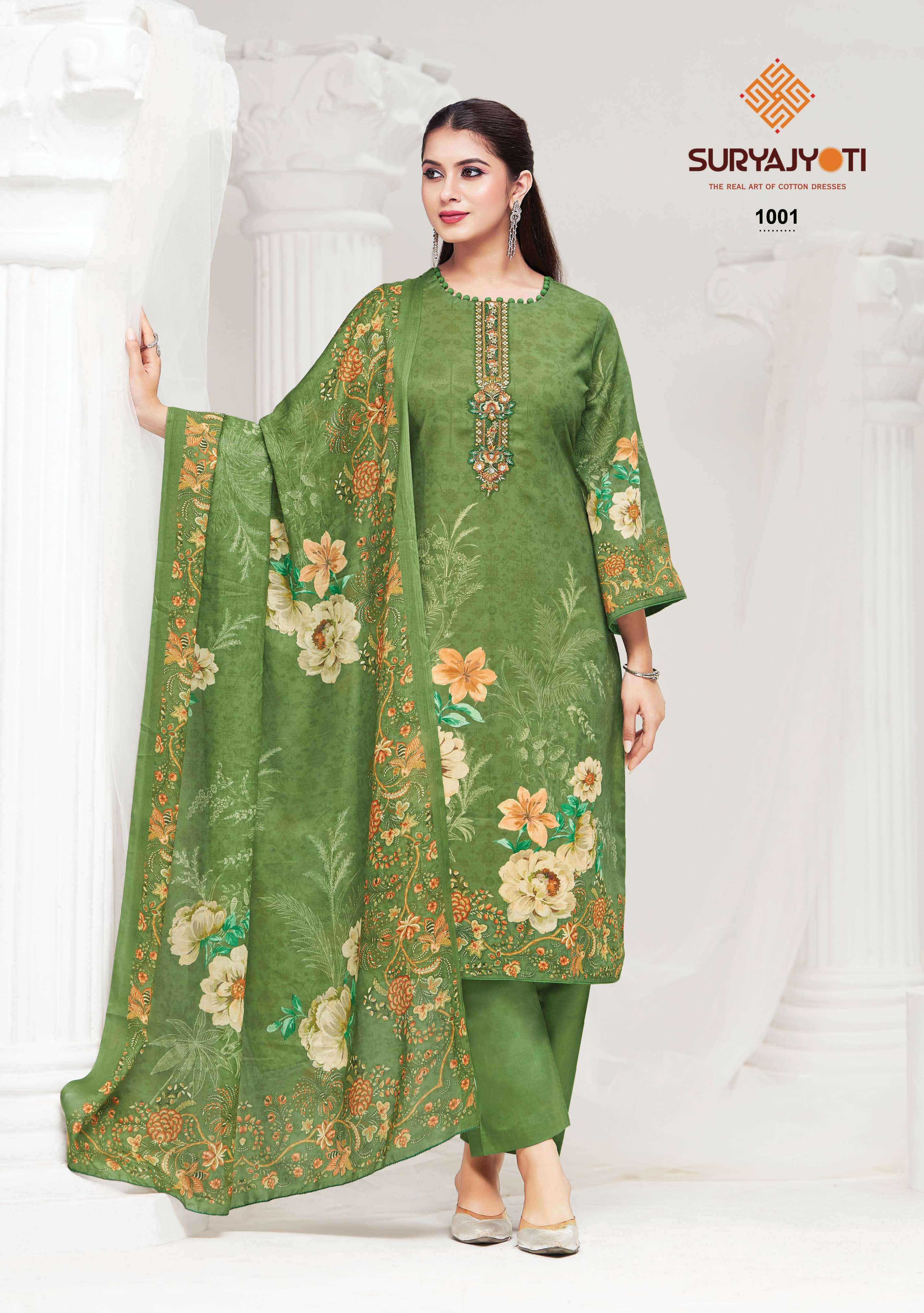 SURYAJYOTI NAZAKAT VOL 1 COTTON PRINT WITH FANCY WORK SUIT