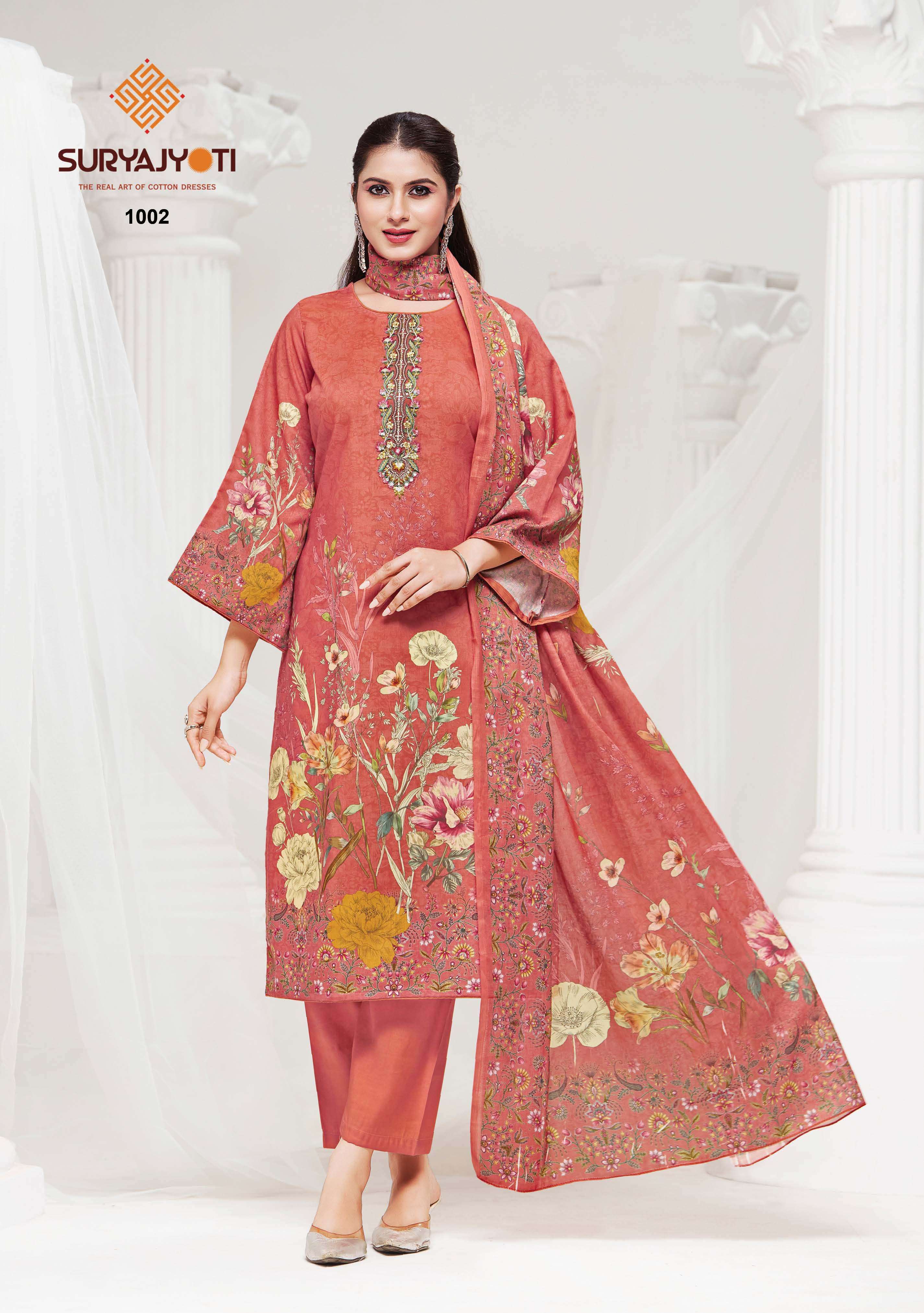 SURYAJYOTI NAZAKAT VOL 1 COTTON PRINT WITH FANCY WORK SUIT