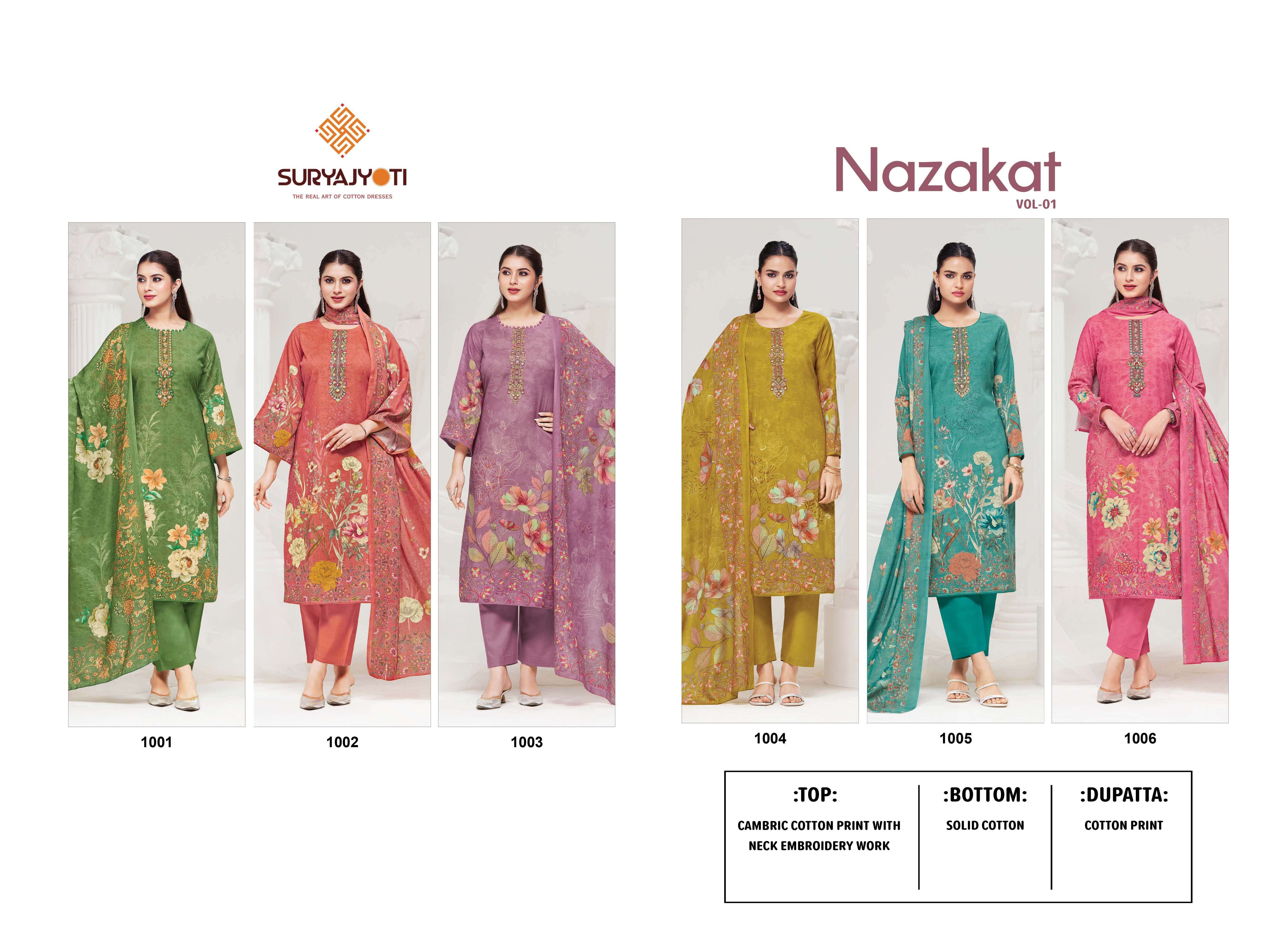 SURYAJYOTI NAZAKAT VOL 1 COTTON PRINT WITH FANCY WORK SUIT