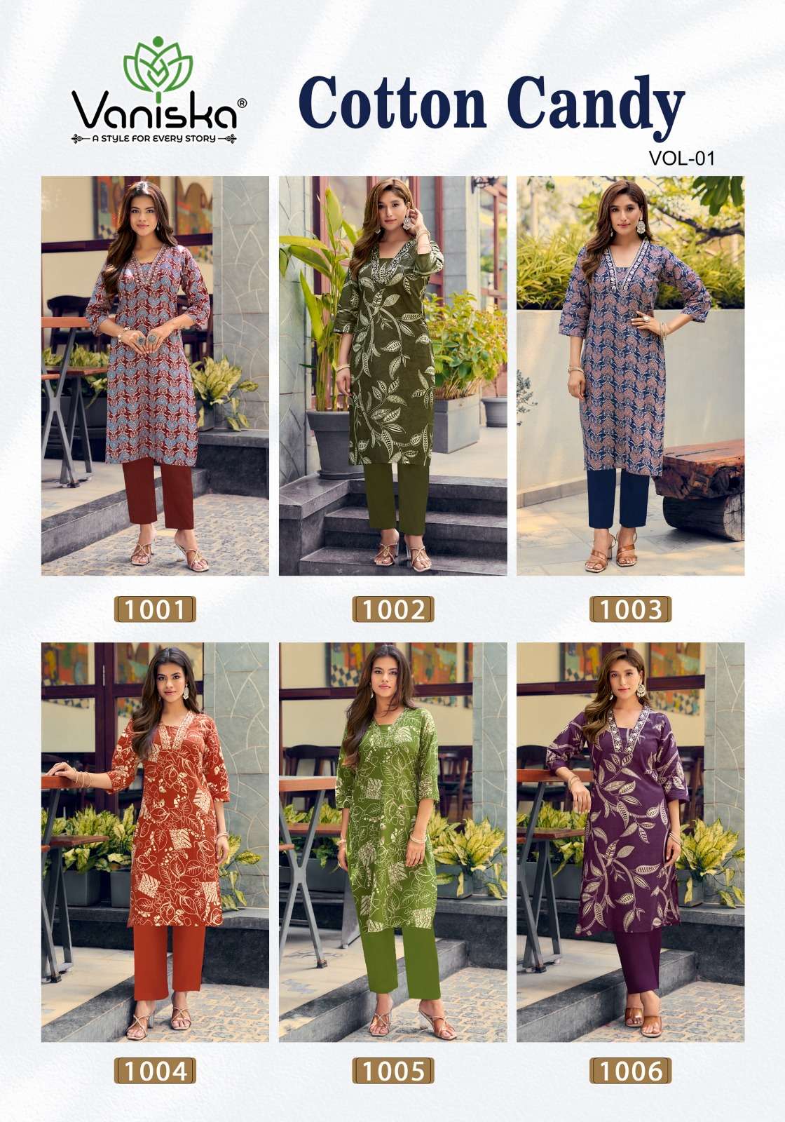 VANISKA COTTON CANDY VOL 1 COTTON PRINT A LINE STYLE KURTI WITH BOTTOM PAIR 