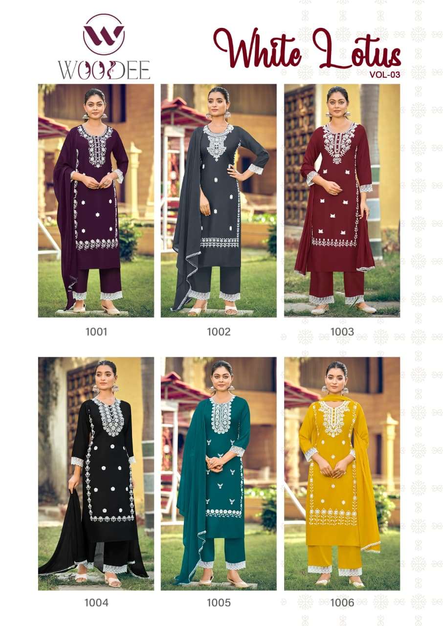 WOODEE WHITE LOTUS VOL 3 RAYON FANCY EMBROIDERIES WORK LADIES 3PIECE SET COLLECTION 