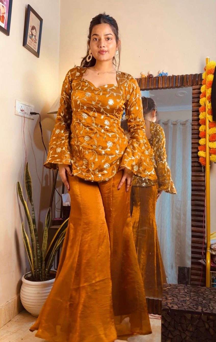 ZF 436 EMBROIDERY DESIGNER WORK PARTY WEAR LADIES TOP WITH BEL BOTTOM STYLE PLAZZO 