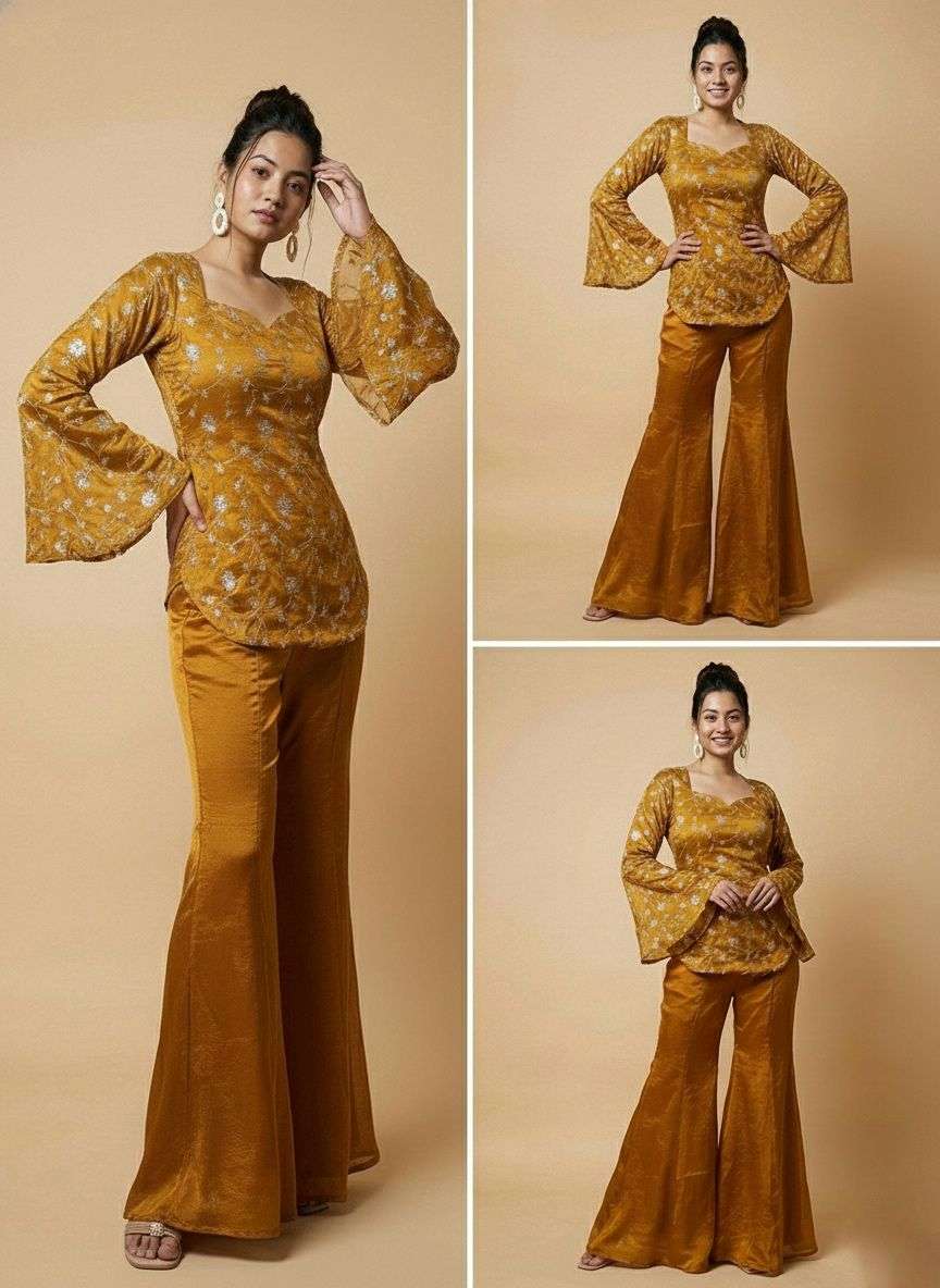 ZF 436 EMBROIDERY DESIGNER WORK PARTY WEAR LADIES TOP WITH BEL BOTTOM STYLE PLAZZO 