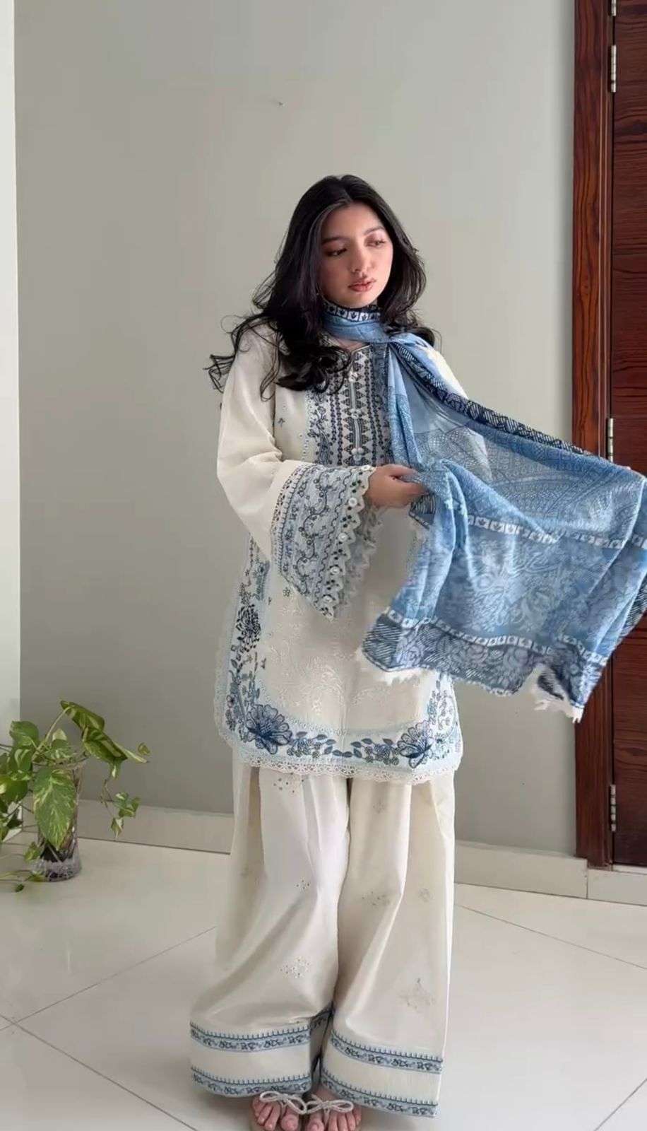 AD 233 RAYON FANCY DESIGNER WORK PAKISTANI PATTERN TOP FARSHI PLAZZO AND DUPATTA SET 