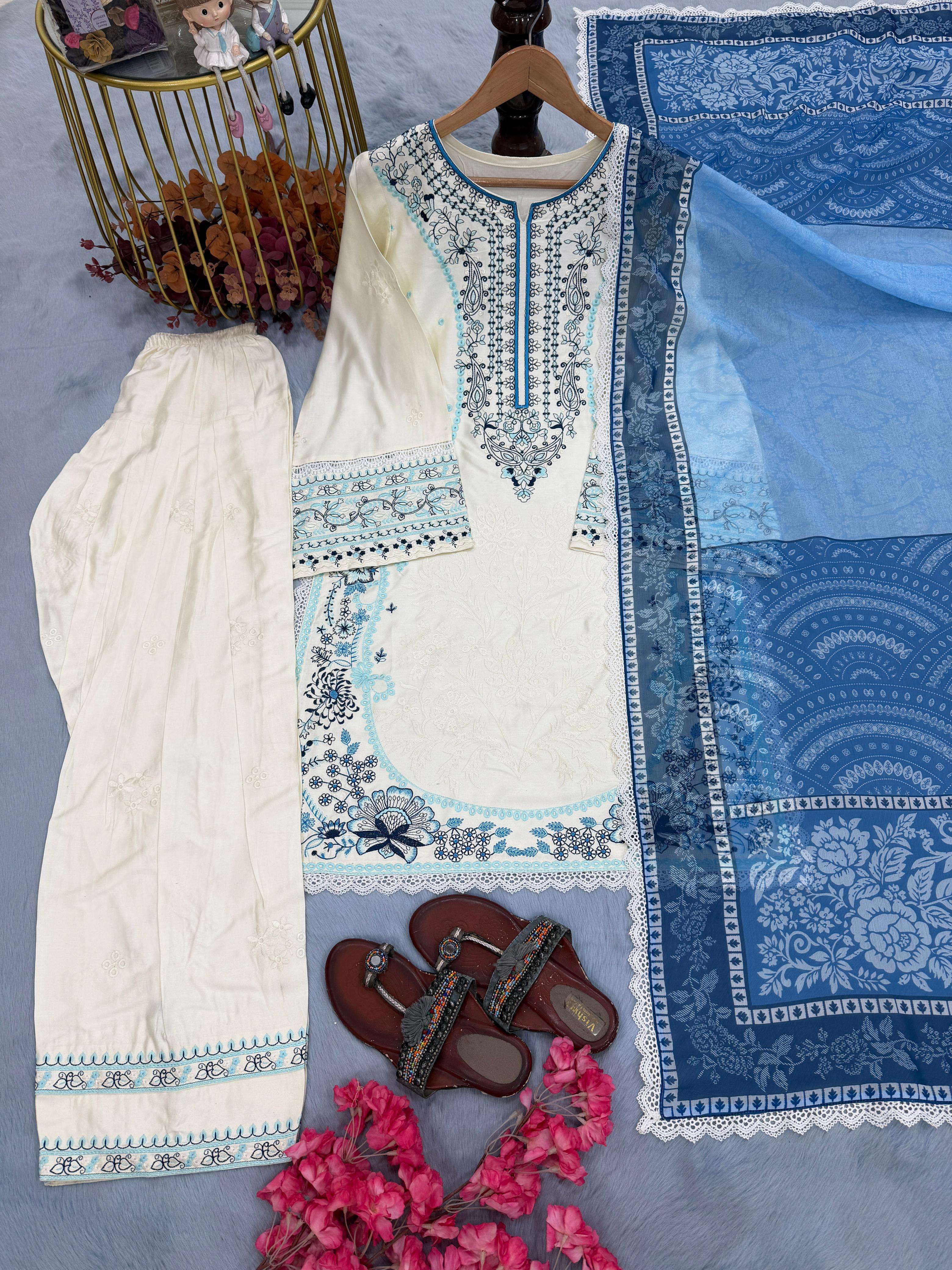 AD 233 RAYON FANCY DESIGNER WORK PAKISTANI PATTERN TOP FARSHI PLAZZO AND DUPATTA SET 