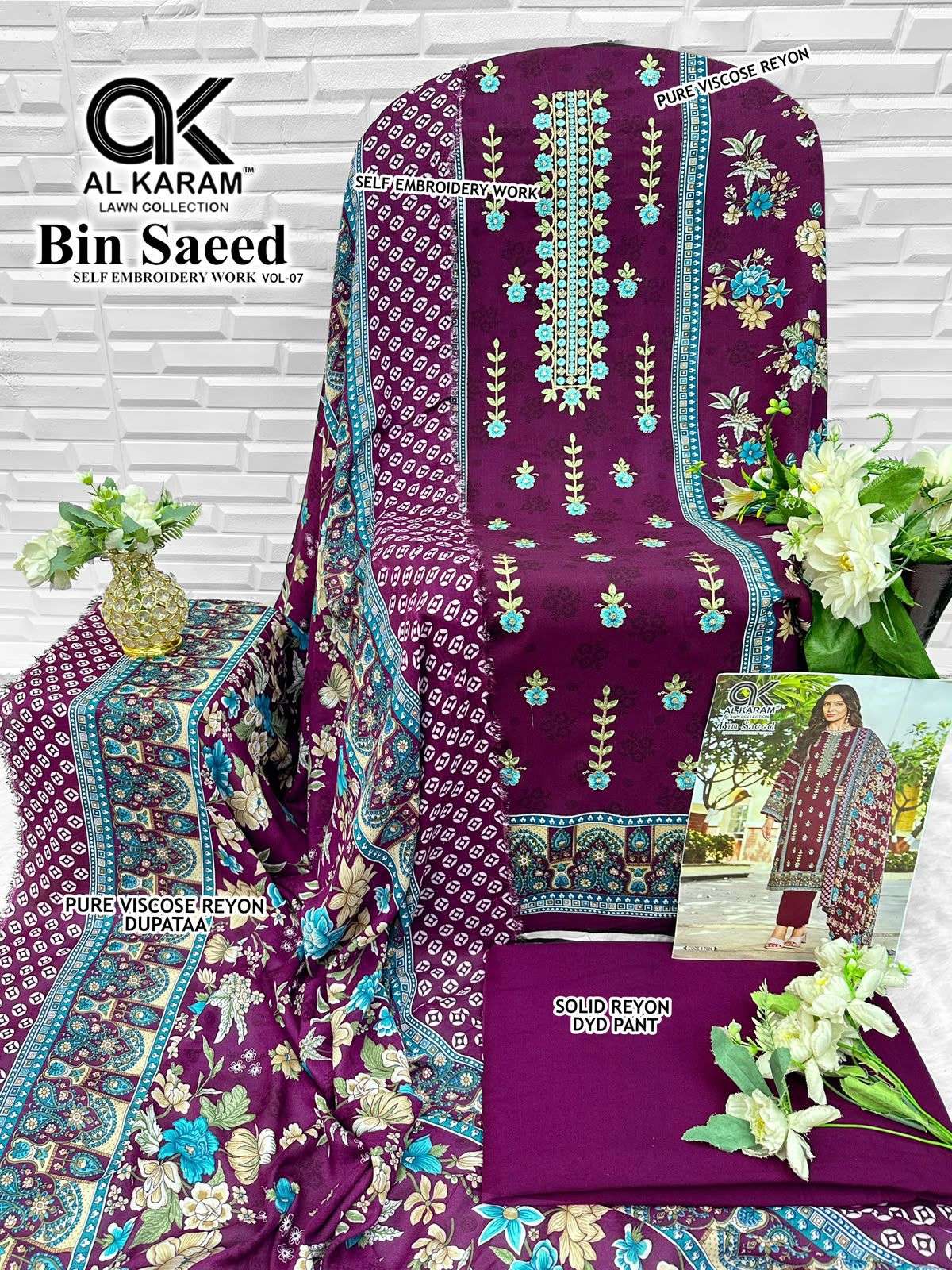 AL KARAM BIN SAEED VOL 7 COTTON PAKISTANI PRINT WITH FANCY WORK SUIT