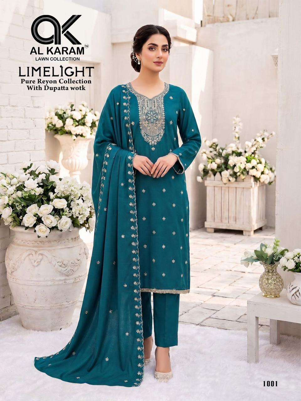 AL KARAM LIME LIGHT RAYON FANCY EMBROIDERY WORK SALWAR SUIT