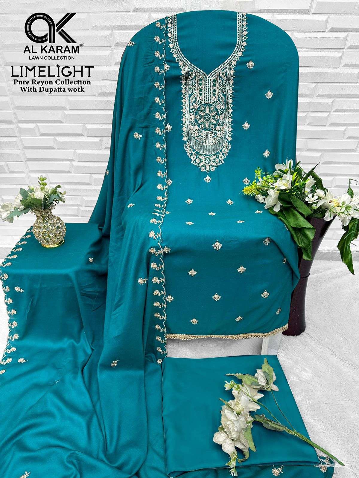 AL KARAM LIME LIGHT RAYON FANCY EMBROIDERY WORK SALWAR SUIT