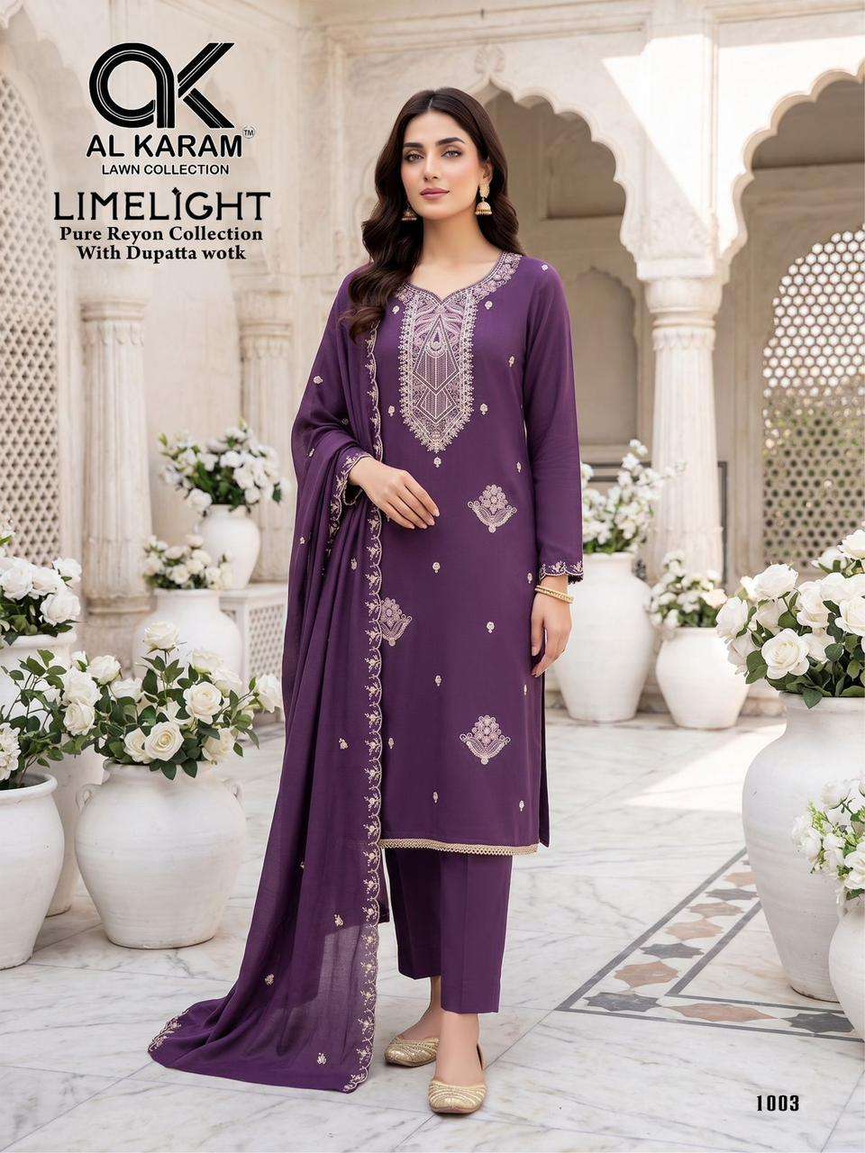 AL KARAM LIME LIGHT RAYON FANCY EMBROIDERY WORK SALWAR SUIT
