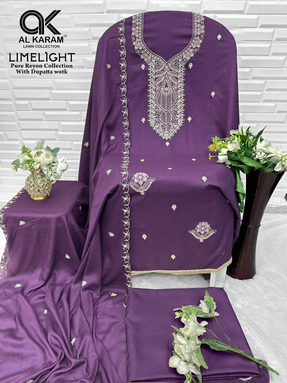 AL KARAM LIME LIGHT RAYON FANCY EMBROIDERY WORK SALWAR SUIT