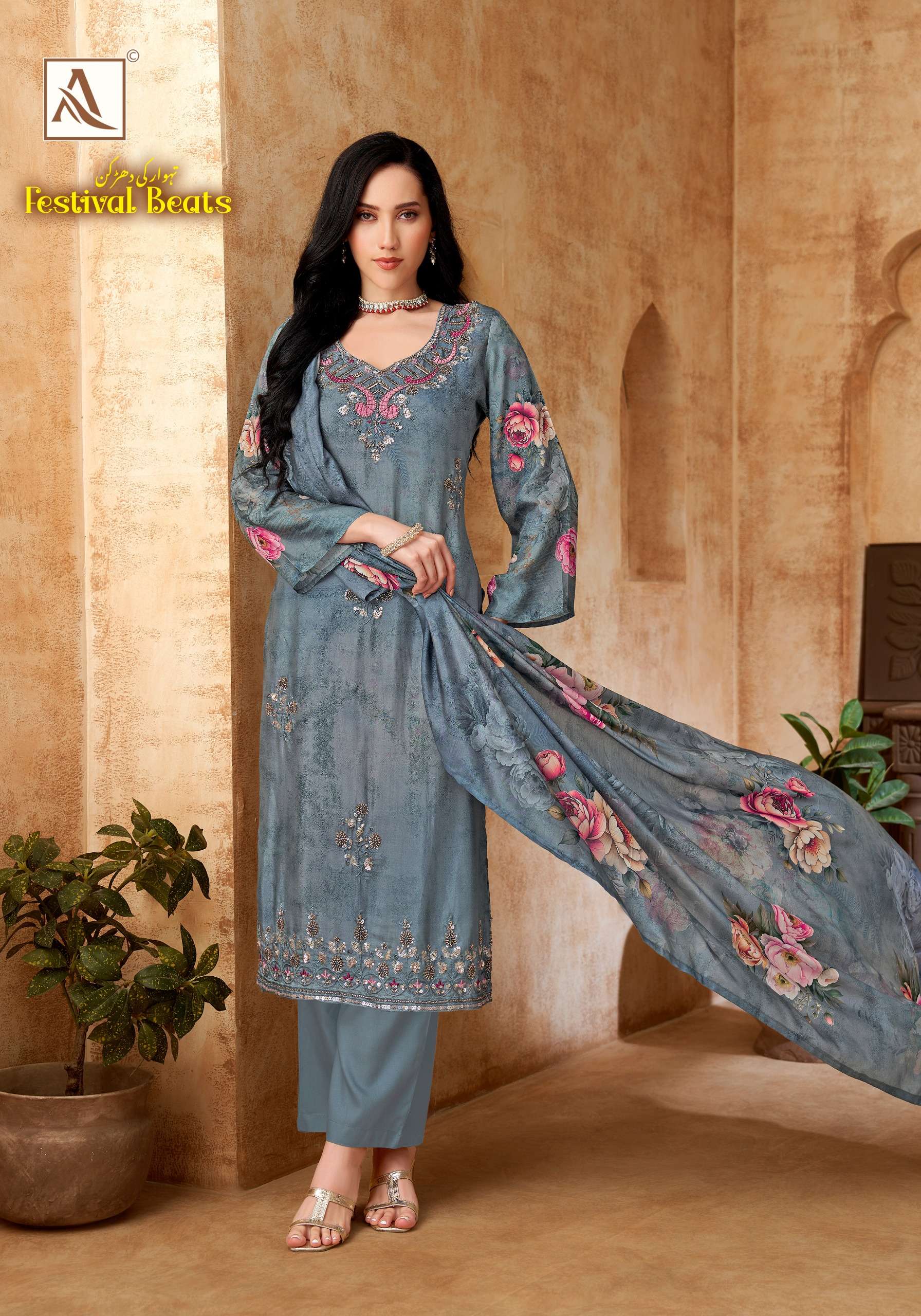 ALOK SUITS FESTIVAL BEATS VISCOSE PRINT WITH FANCY WORKS SUIT