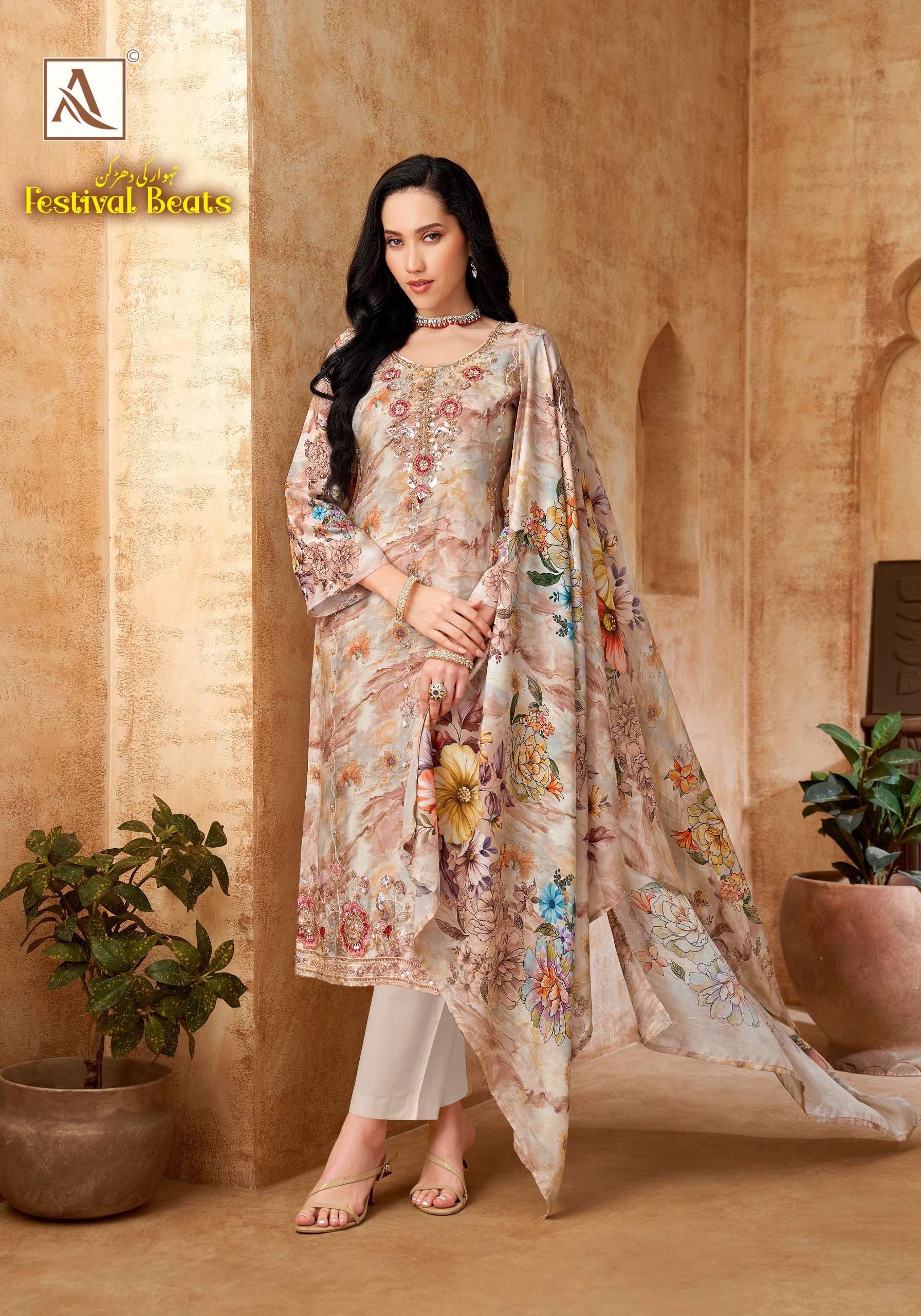 ALOK SUITS FESTIVAL BEATS VISCOSE PRINT WITH FANCY WORKS SUIT