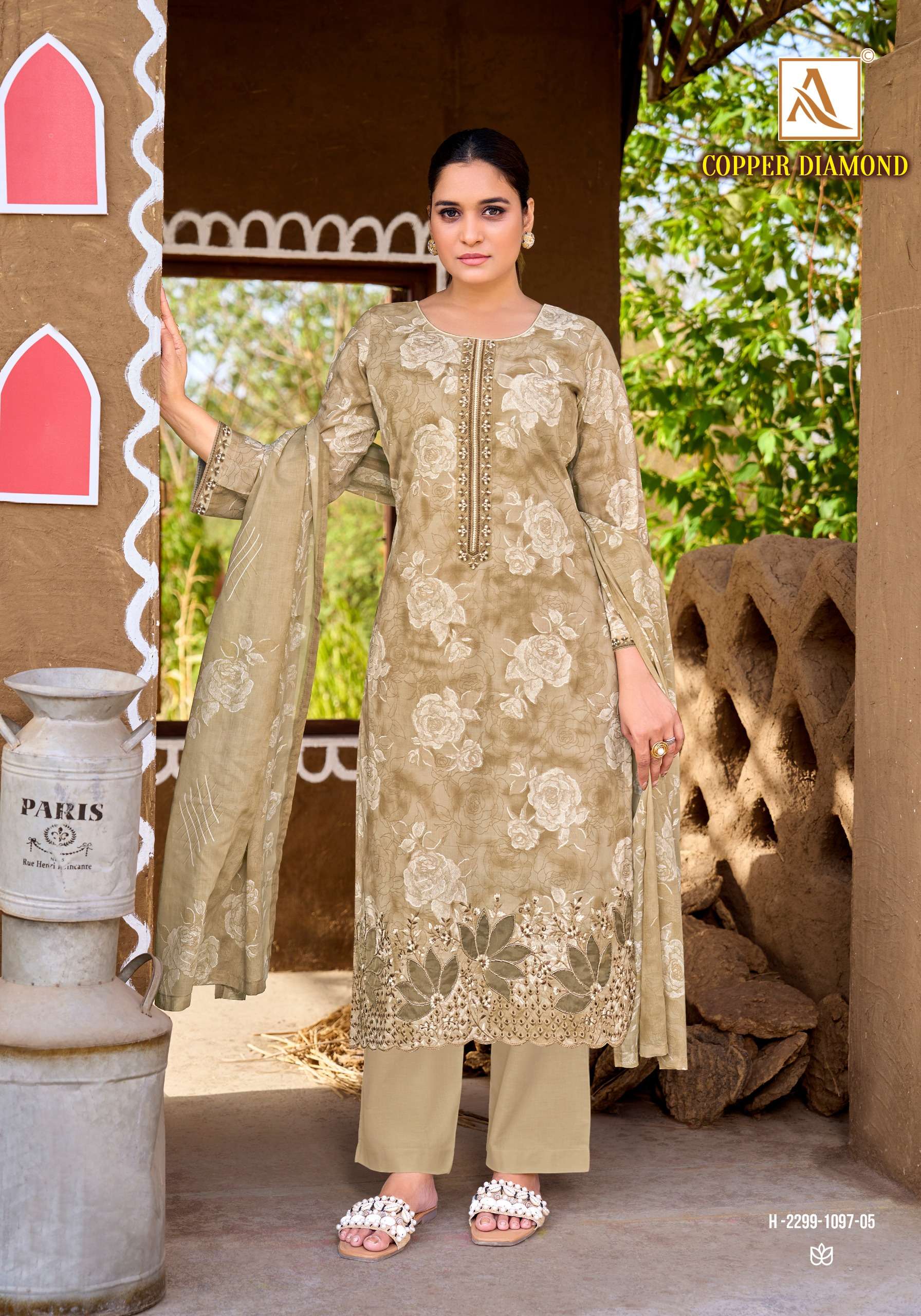 ALOK SUITS JADE COPPER DIAMOND COTTON PRINT WITH FANCY EMBROIDERY WORK SUIT