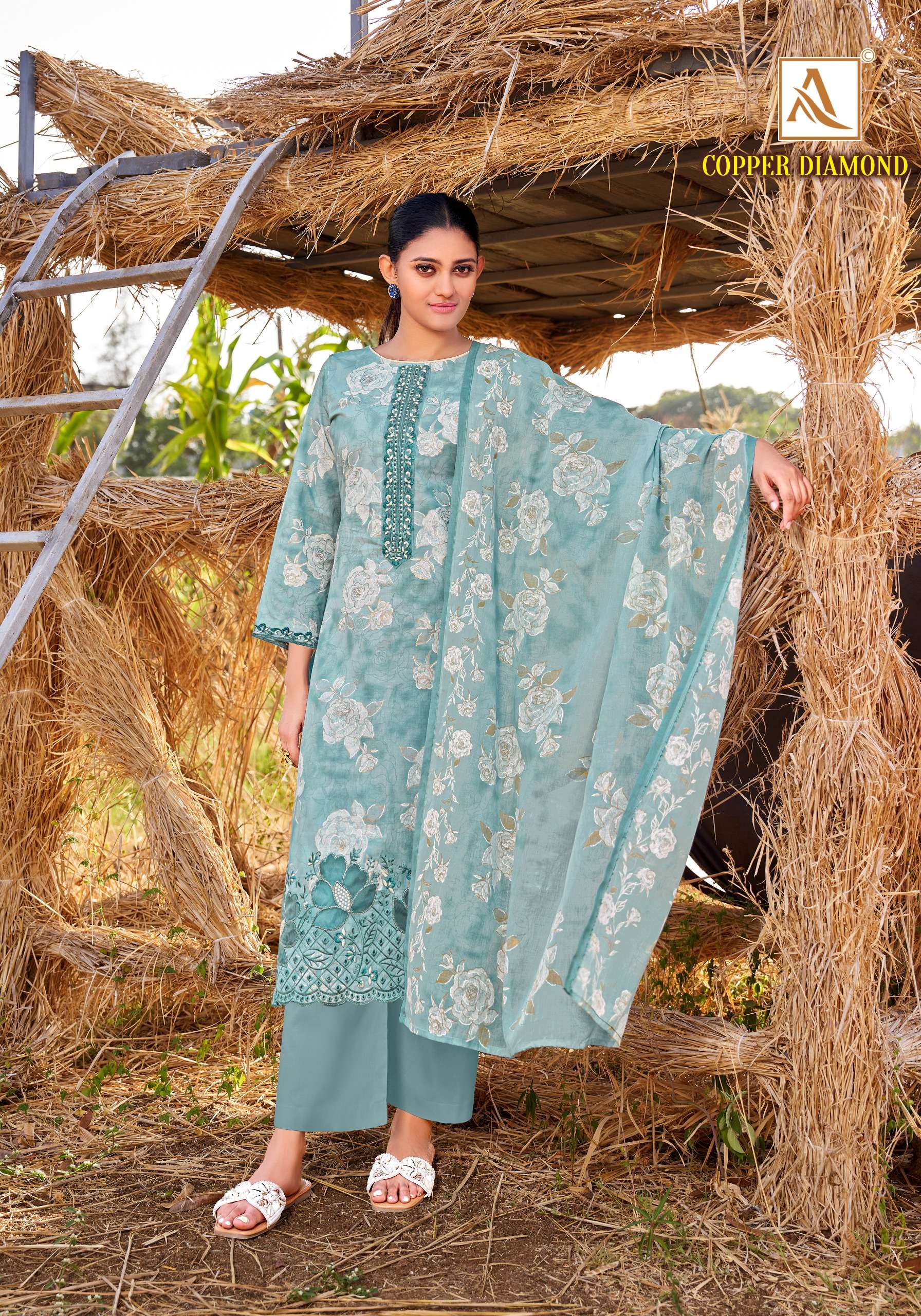 ALOK SUITS JADE COPPER DIAMOND COTTON PRINT WITH FANCY EMBROIDERY WORK SUIT