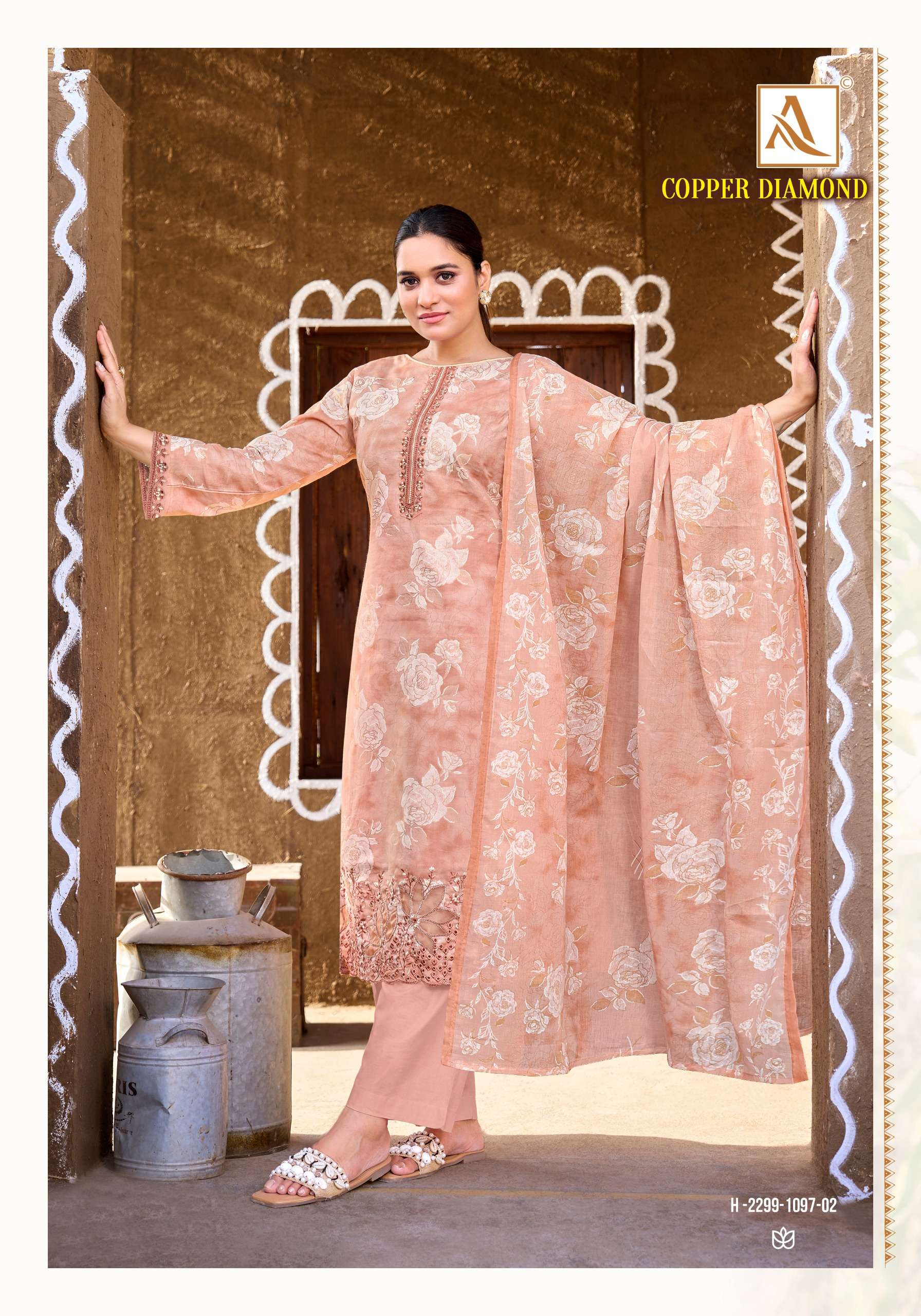 ALOK SUITS JADE COPPER DIAMOND COTTON PRINT WITH FANCY EMBROIDERY WORK SUIT
