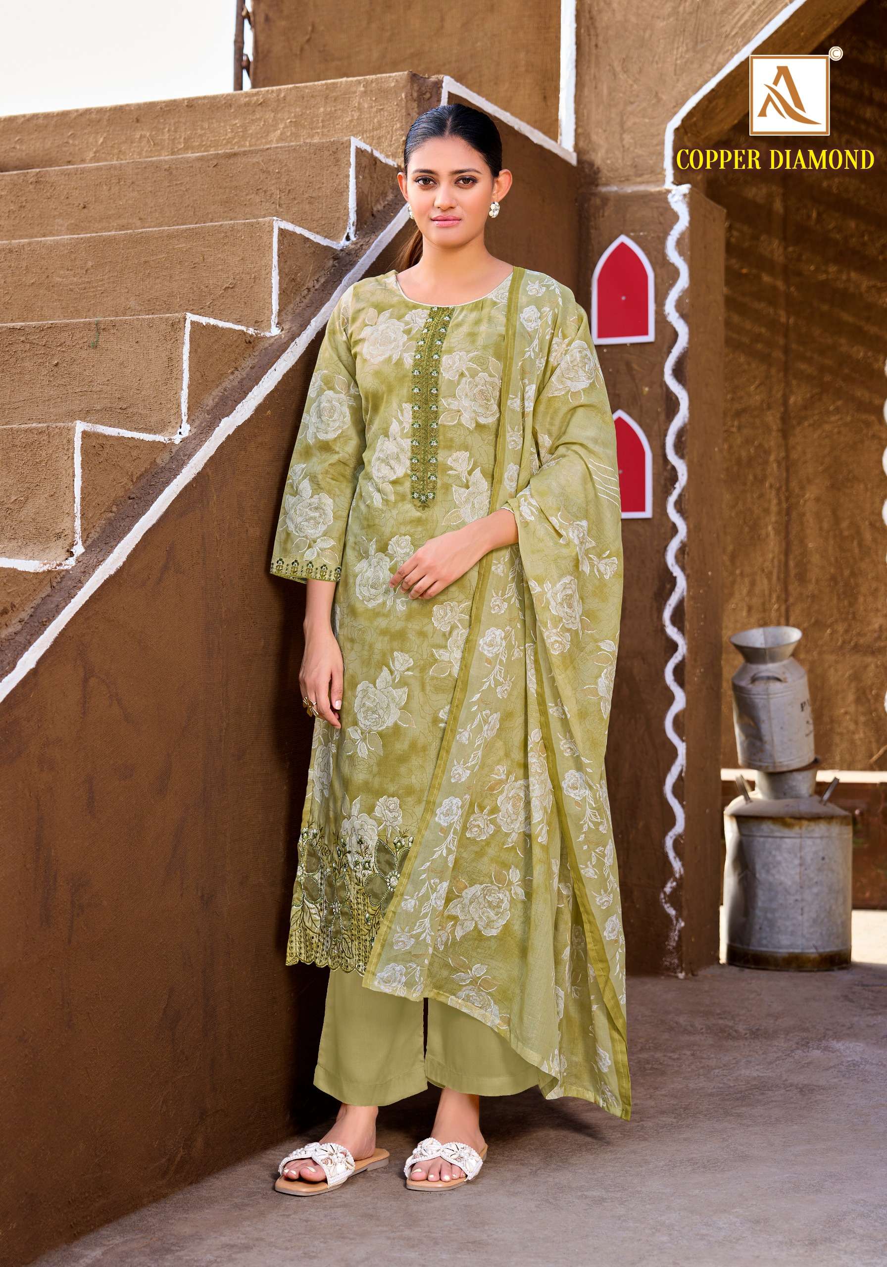 ALOK SUITS JADE COPPER DIAMOND COTTON PRINT WITH FANCY EMBROIDERY WORK SUIT