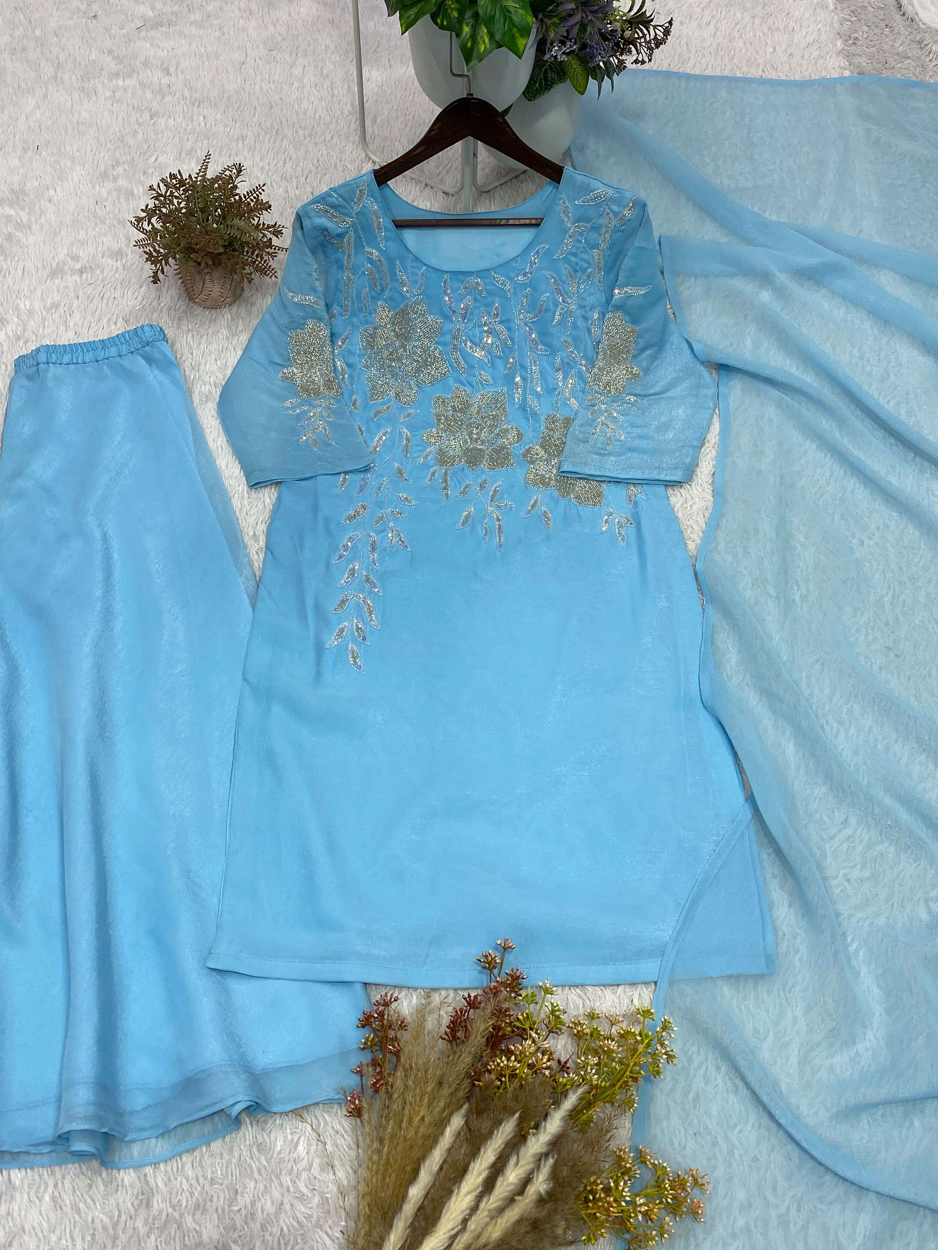 BE 472 SILK BEADS WITH EMBROIDERY DESIGNER WORK TOP  PLAZZO SUIT WITH DUPATTA 