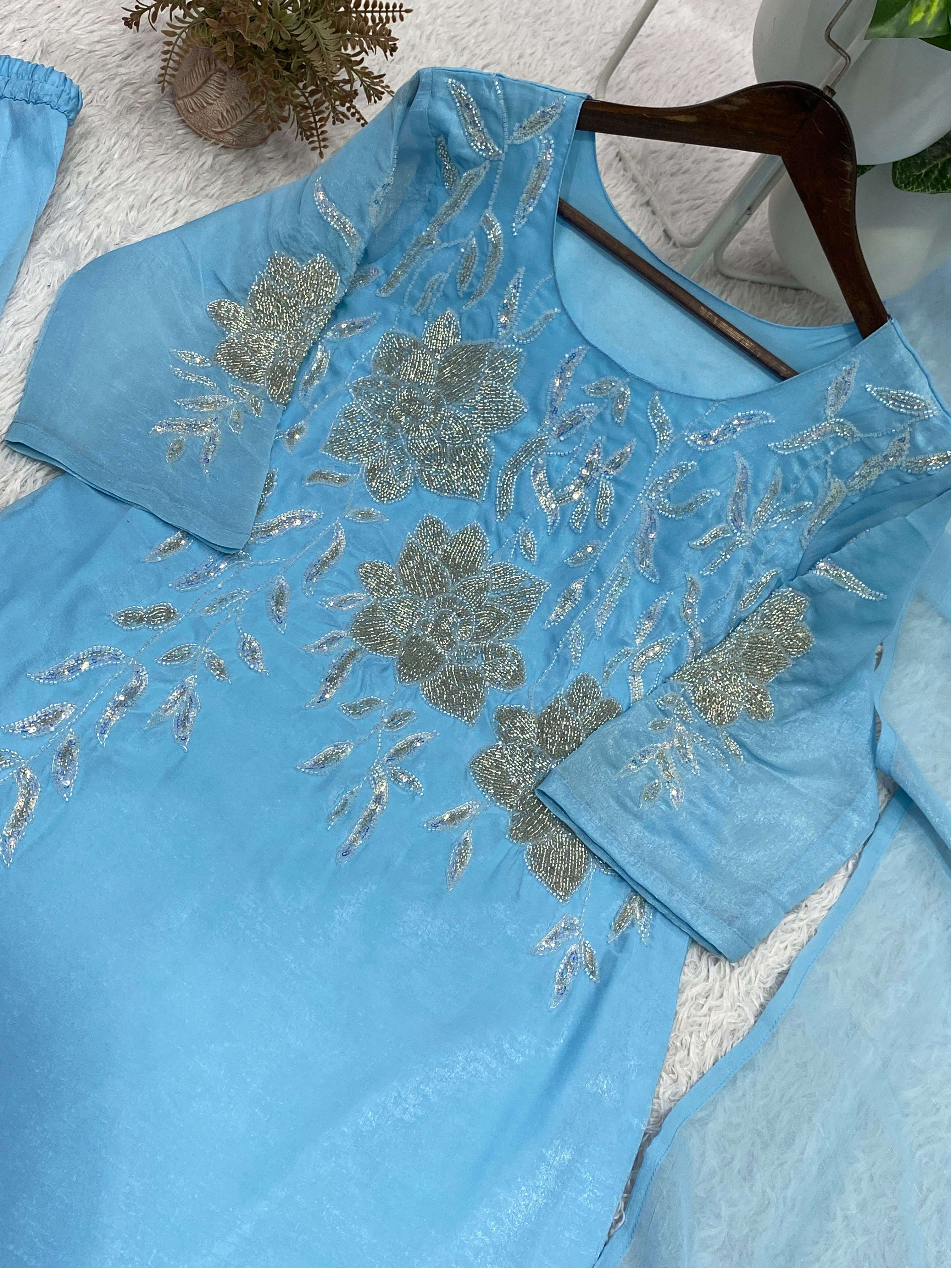 BE 472 SILK BEADS WITH EMBROIDERY DESIGNER WORK TOP  PLAZZO SUIT WITH DUPATTA 