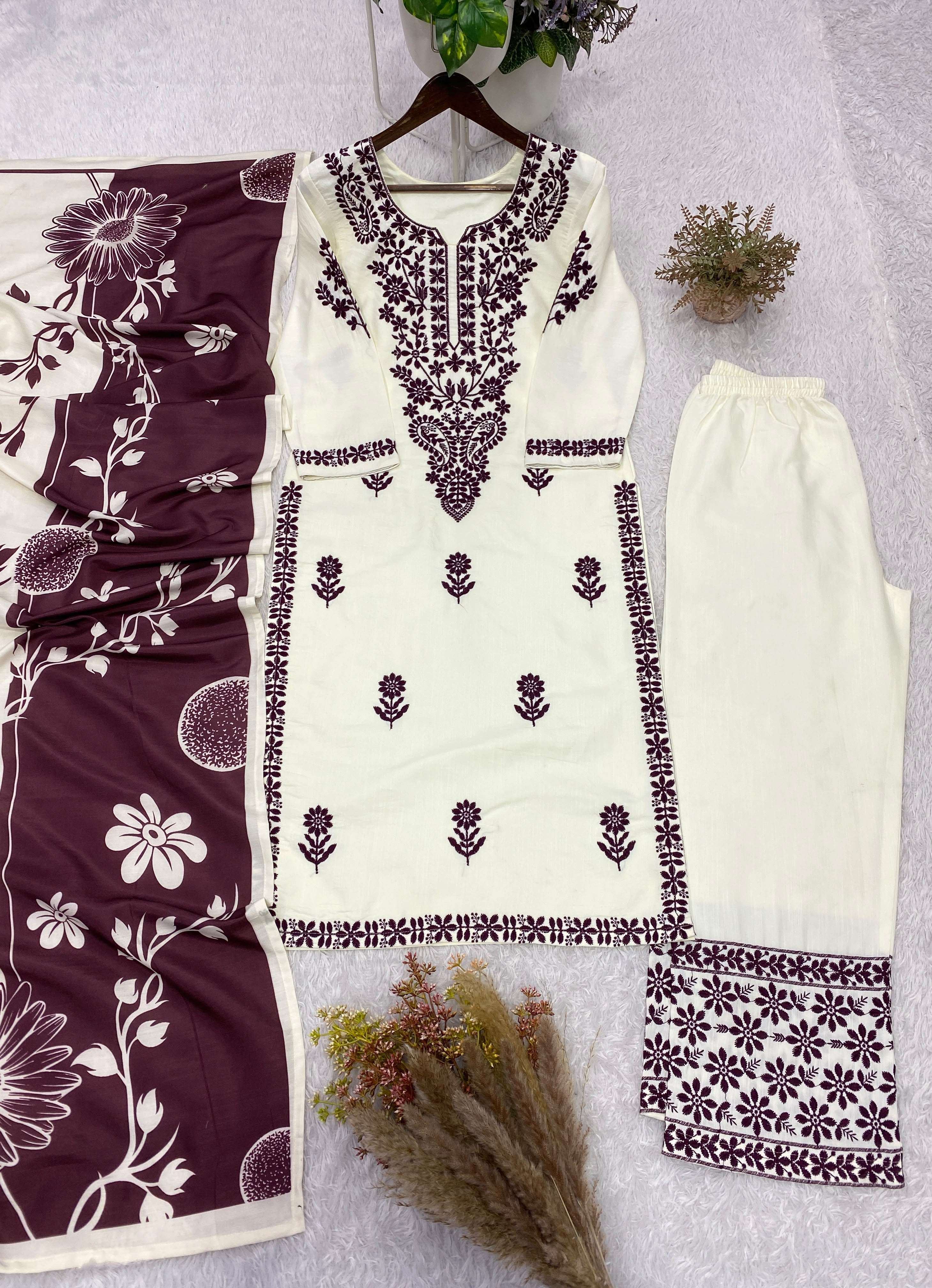 BE 474 RAYON FANCY EMBROIDERY WORK TOP PLAZZO AND DUPATTA SET 