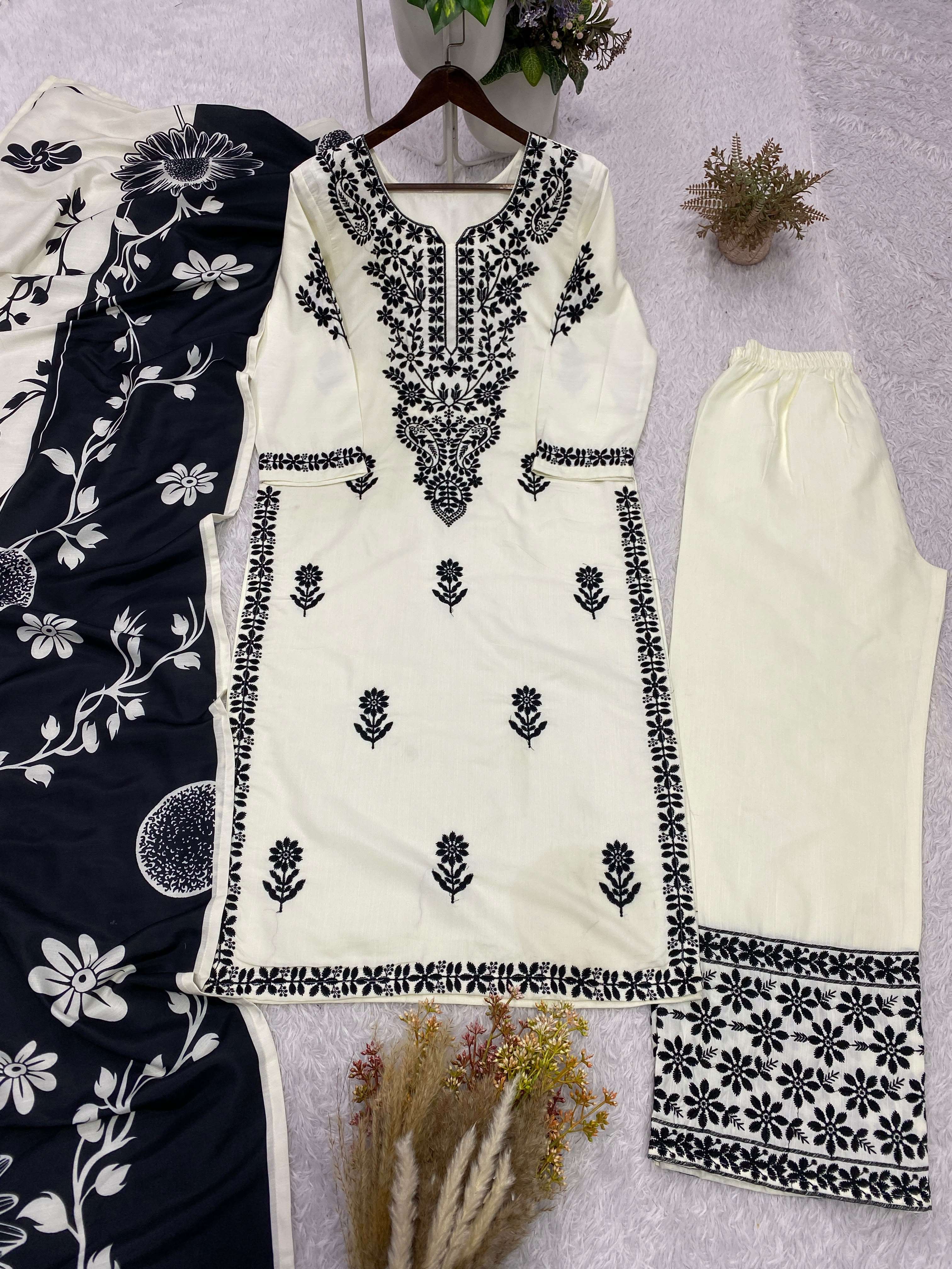 BE 474 RAYON FANCY EMBROIDERY WORK TOP PLAZZO AND DUPATTA SET 