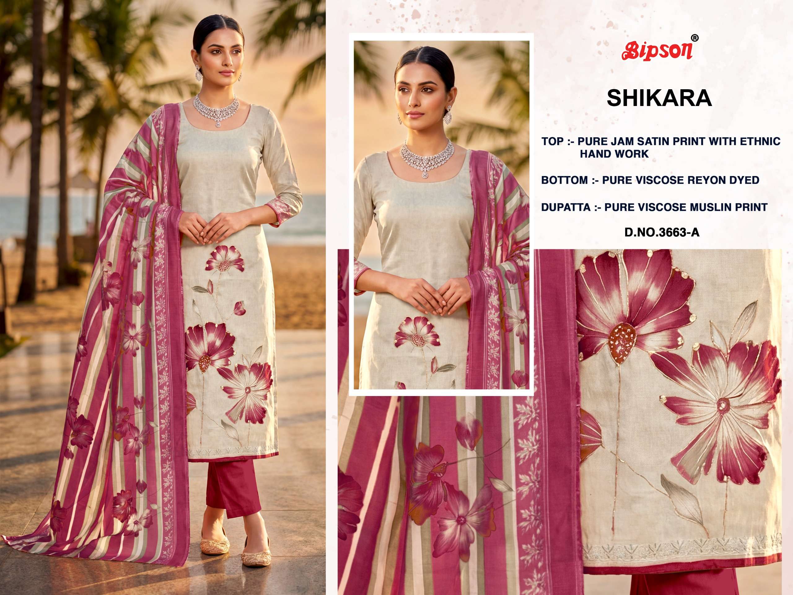 BIPSON PRINTS SIKARA 3663 JAM SATIN PRINT WITH FANCY WORK SUIT