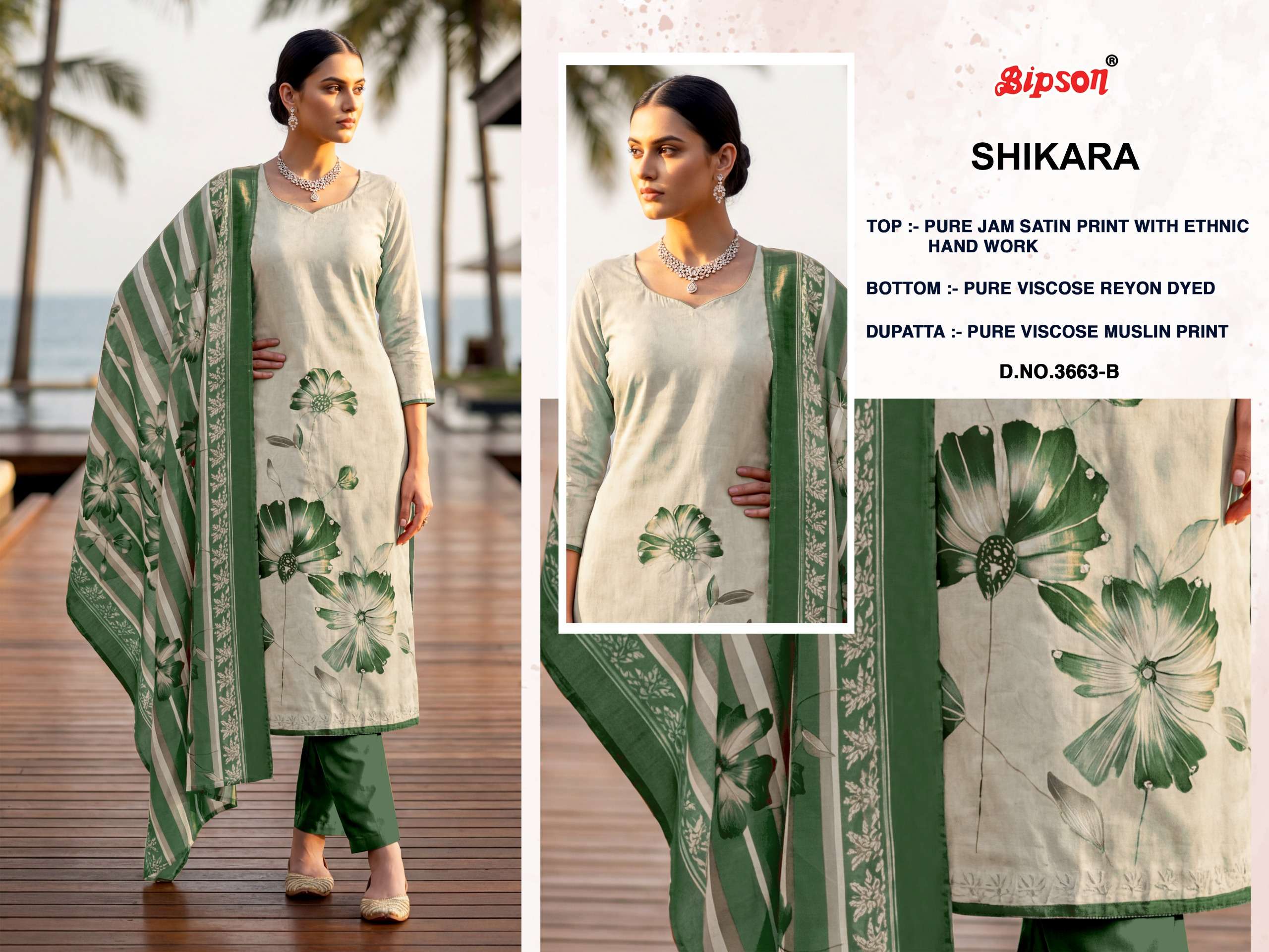 BIPSON PRINTS SIKARA 3663 JAM SATIN PRINT WITH FANCY WORK SUIT