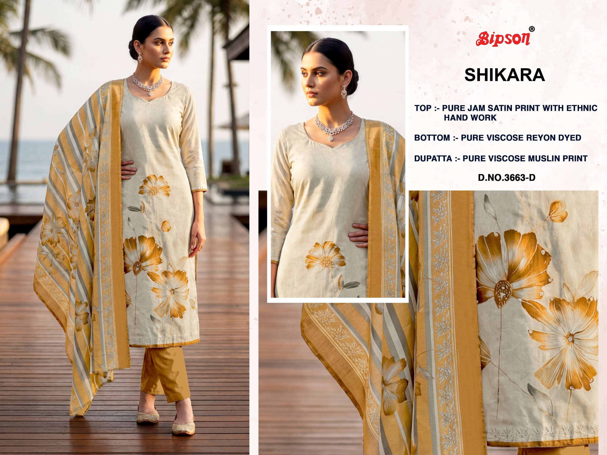 BIPSON PRINTS SIKARA 3663 JAM SATIN PRINT WITH FANCY WORK SUIT