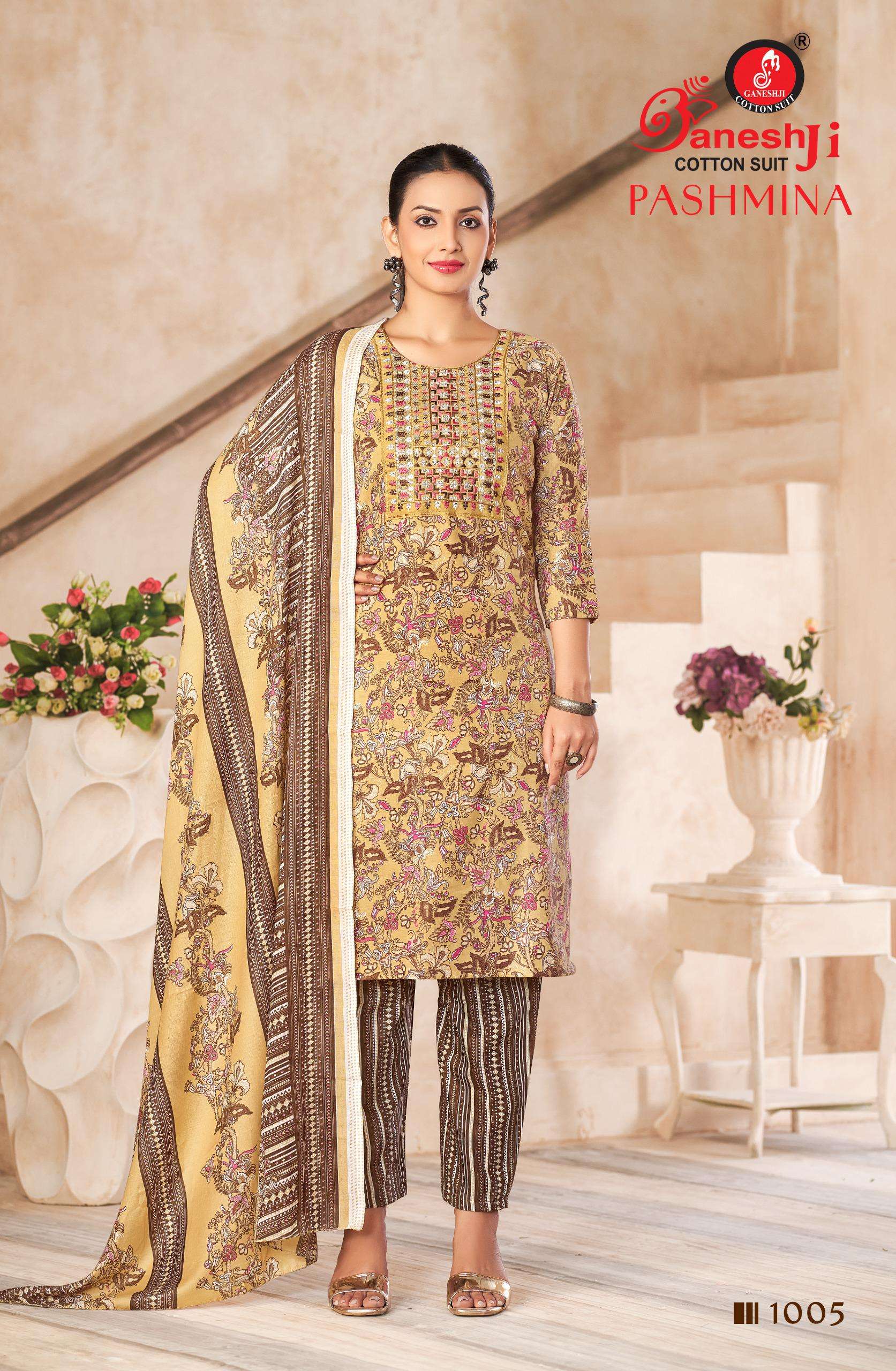 GANESHJI COTTON SUIT PASHMINA VOL 1 COTTON PRINT WITH FANCY WORK SUIT