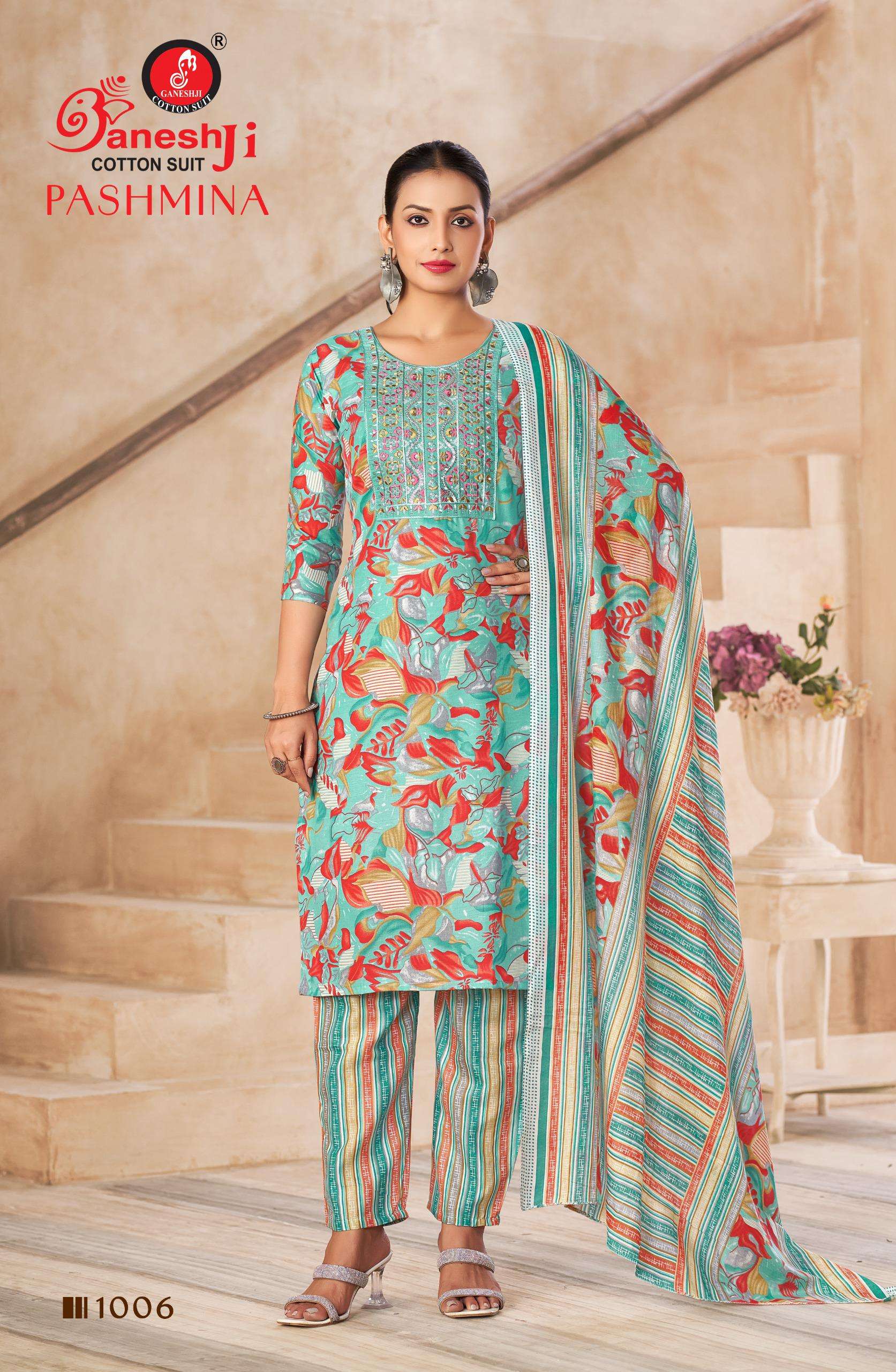 GANESHJI COTTON SUIT PASHMINA VOL 1 COTTON PRINT WITH FANCY WORK SUIT