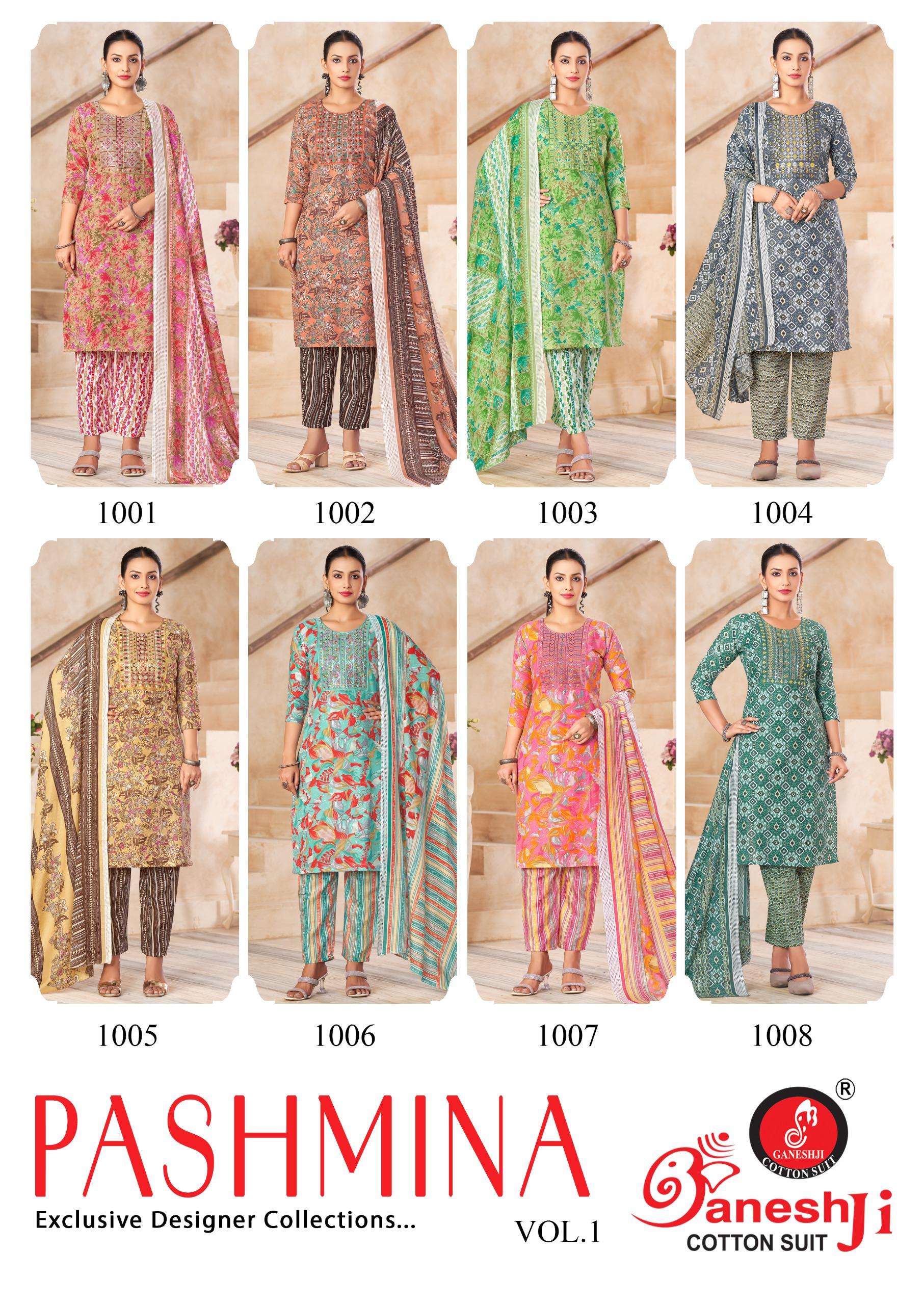 GANESHJI COTTON SUIT PASHMINA VOL 1 COTTON PRINT WITH FANCY WORK SUIT