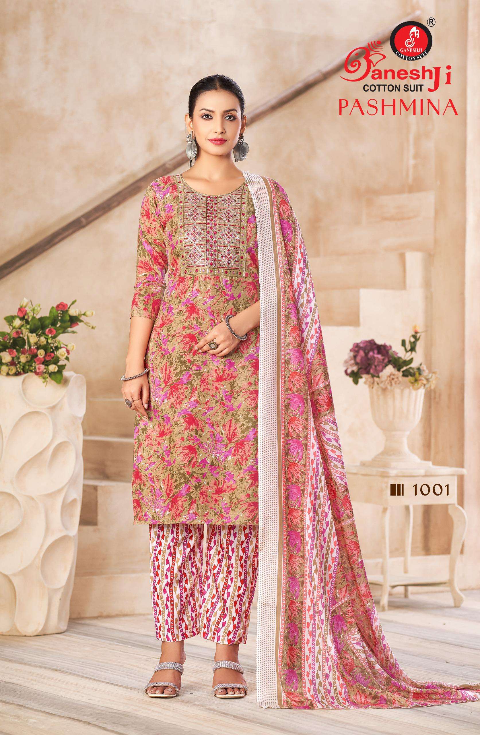 GANESHJI COTTON SUIT PASHMINA VOL 1 COTTON PRINT WITH FANCY WORK SUIT