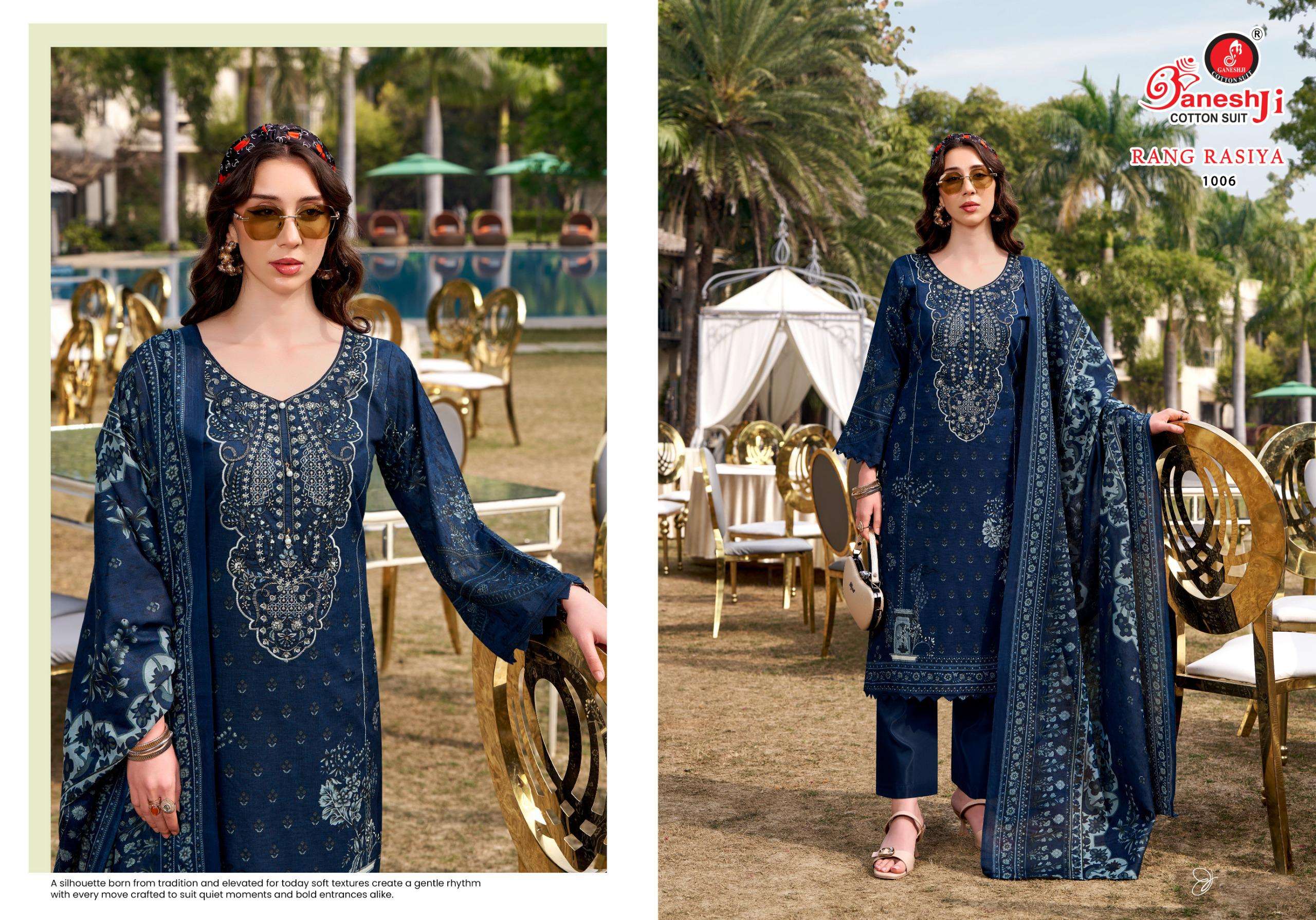 GANESHJI COTTON SUIT RANG RASIYA VOL 1 COTTON FANCY EMBROIDERY WORK SUIT