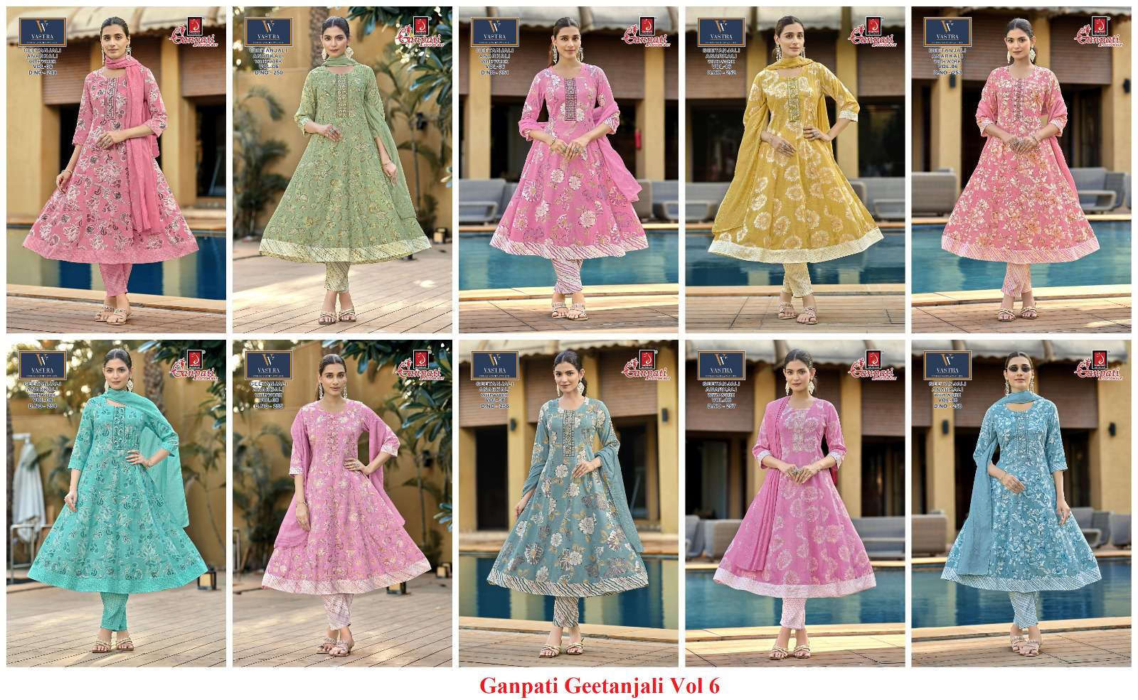GANPATI GEETANJALI ANARKALI VOL 6 RAYON PRINT LADIES KURTI BOTTOM AND DUPATTA SET 