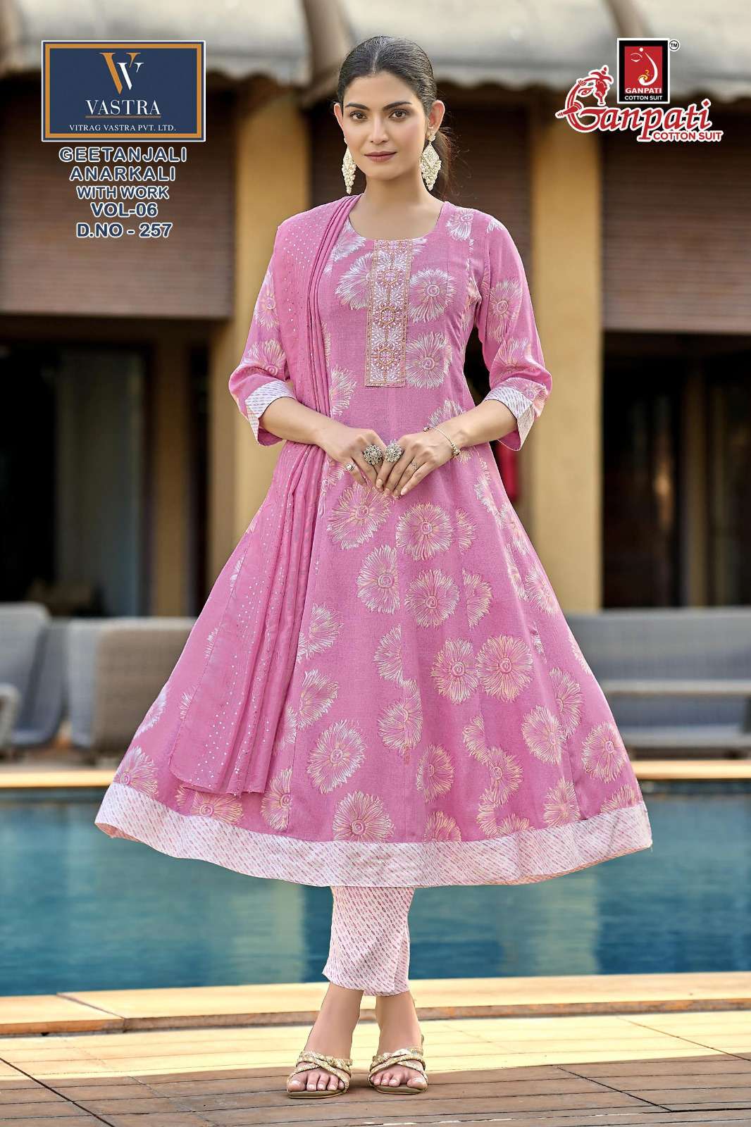 GANPATI GEETANJALI ANARKALI VOL 6 RAYON PRINT LADIES KURTI BOTTOM AND DUPATTA SET 